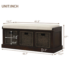 HAOYYE Rustic Storage Bench with 3 Removable Classic Rattan Basket , Entryway Bench with Removable Cushion (Espresso) Sturdy Space-Saving Heavy Duty Modern Design Easy Assembly Durable Stylish