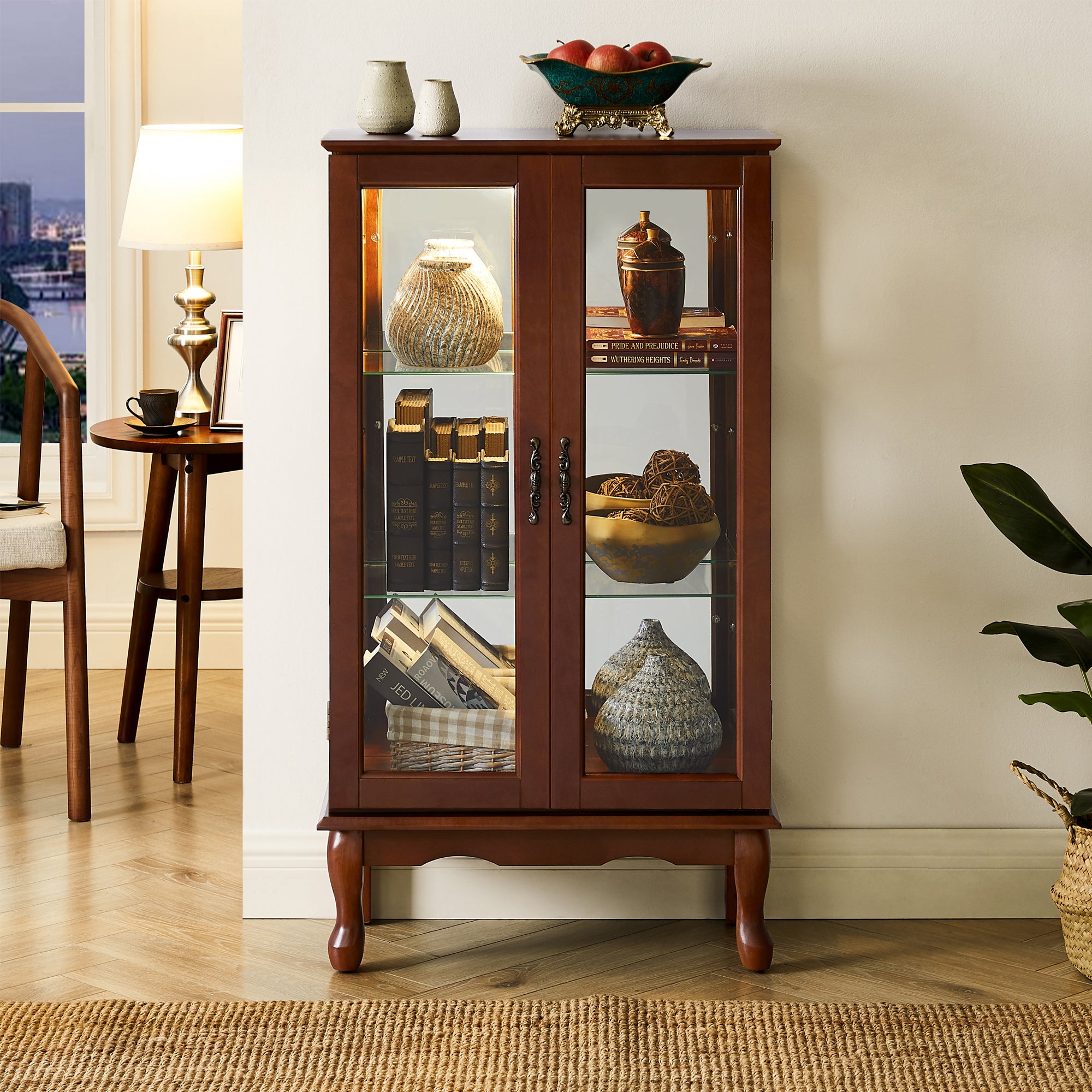 HAOYYE Lighted Curio Cabinet With Adjustable Shelves, Mirrored Back Panel, Tempered Glass Doors, Walnut Finish, 3 Tier Sturdy Space-Saving Heavy Duty Display Case For Living Room, Dining Room, Office