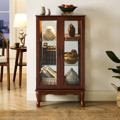 HAOYYE Lighted Curio Cabinet With Adjustable Shelves, Mirrored Back Panel, Tempered Glass Doors, Walnut Finish, 3 Tier Sturdy Space-Saving Heavy Duty Display Case For Living Room, Dining Room, Office
