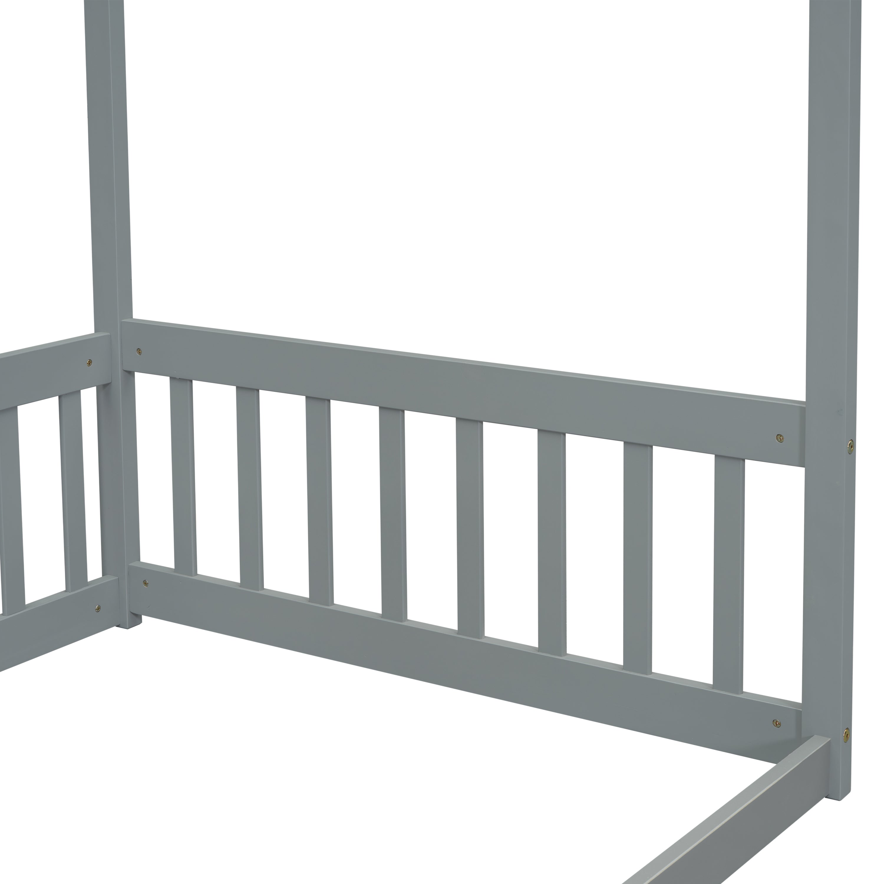 HAOYYE Twin Size Canopy Frame Floor Bed with Fence, Guardrails,Grey Sturdy Space-Saving Heavy Duty Modern Design Adults Dorm Room Easy Assembly Bedroom Furniture