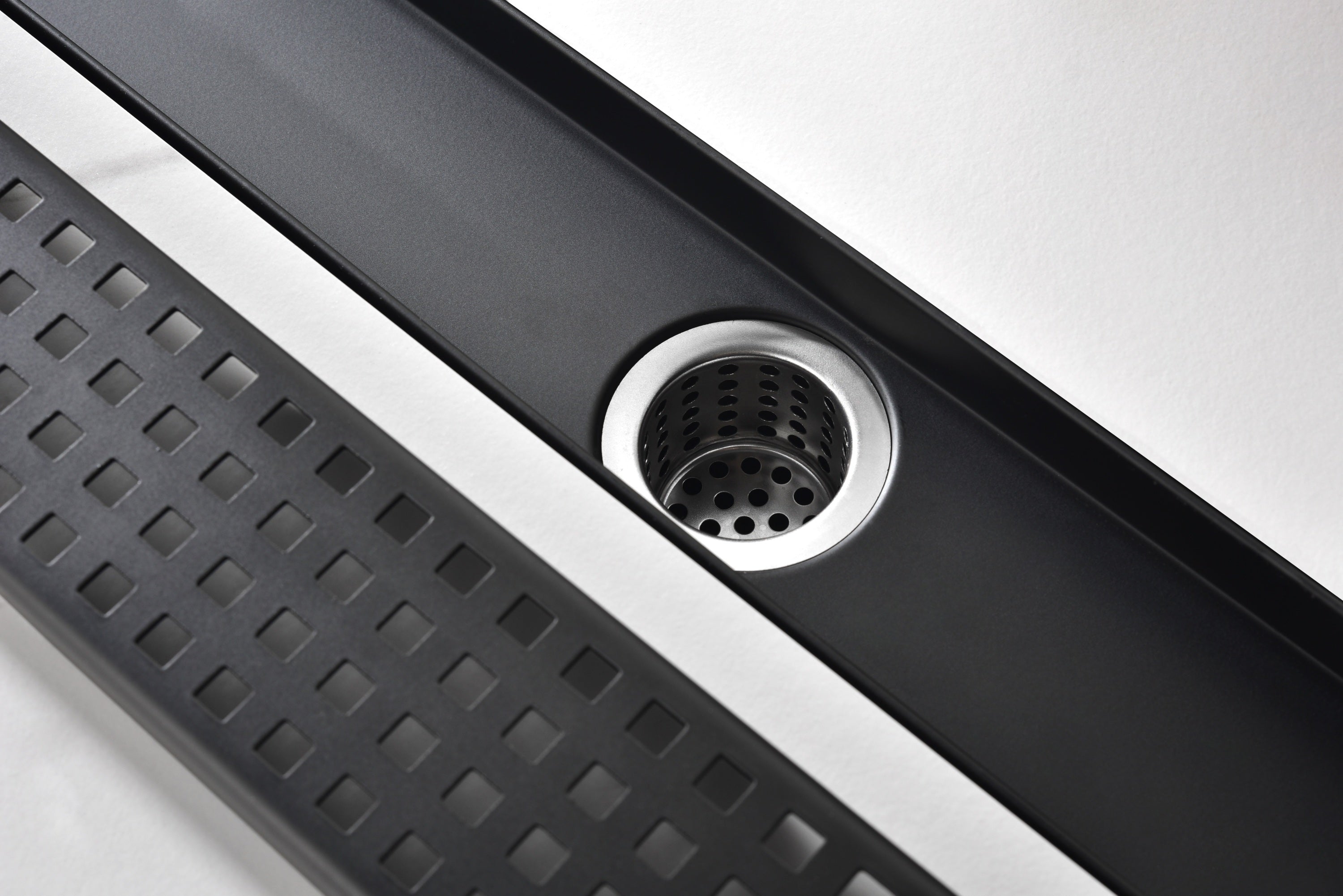 HAOYYE Linear Shower Drain with Removable Quadrato Pattern Grate, 304 Stainless Shower Drain Included Hair Strainer and Leveling Feet Sturdy Space-Saving Heavy Duty Modern Design Adults Dorm Room