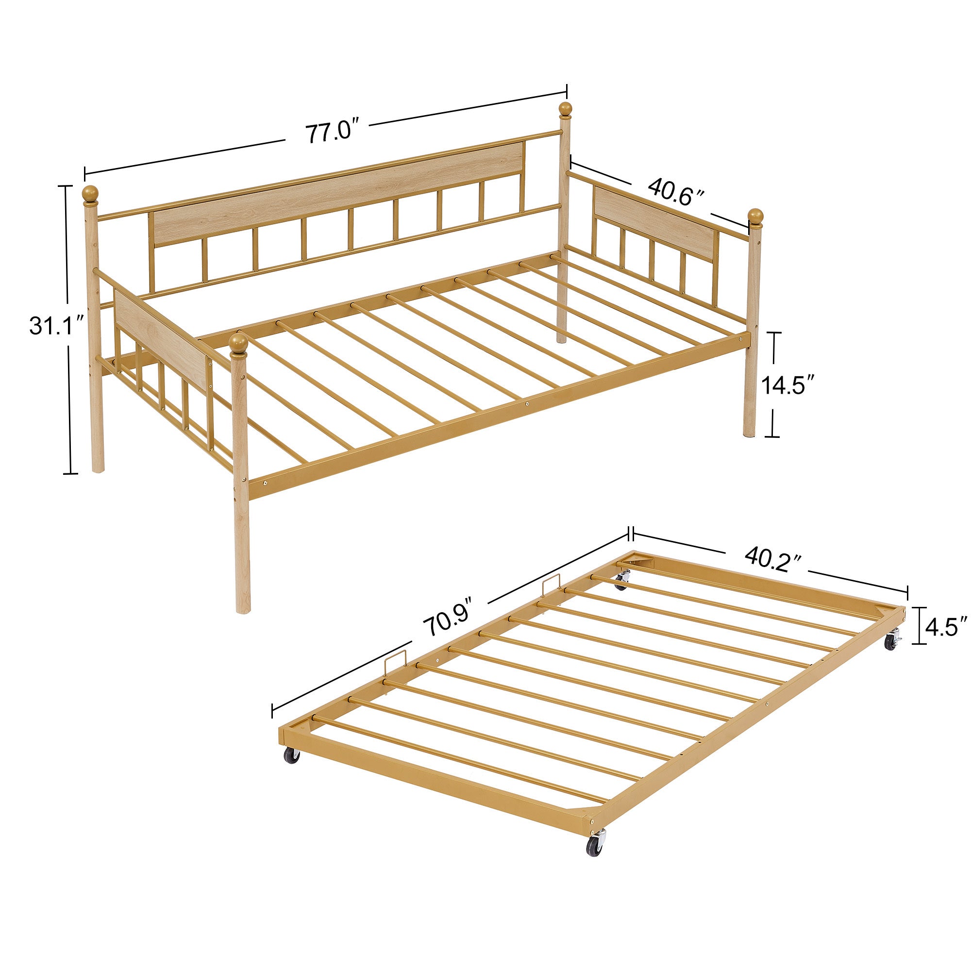 HAOYYE  Sofa Bed with Metal Frame and Removable Trundle for Twin Adults in Golden Finish Offering A Durable and Compact Design Ideal for Dorm Room Bedroom and Living Room Furniture with Easy Assembly and Contemporary Style