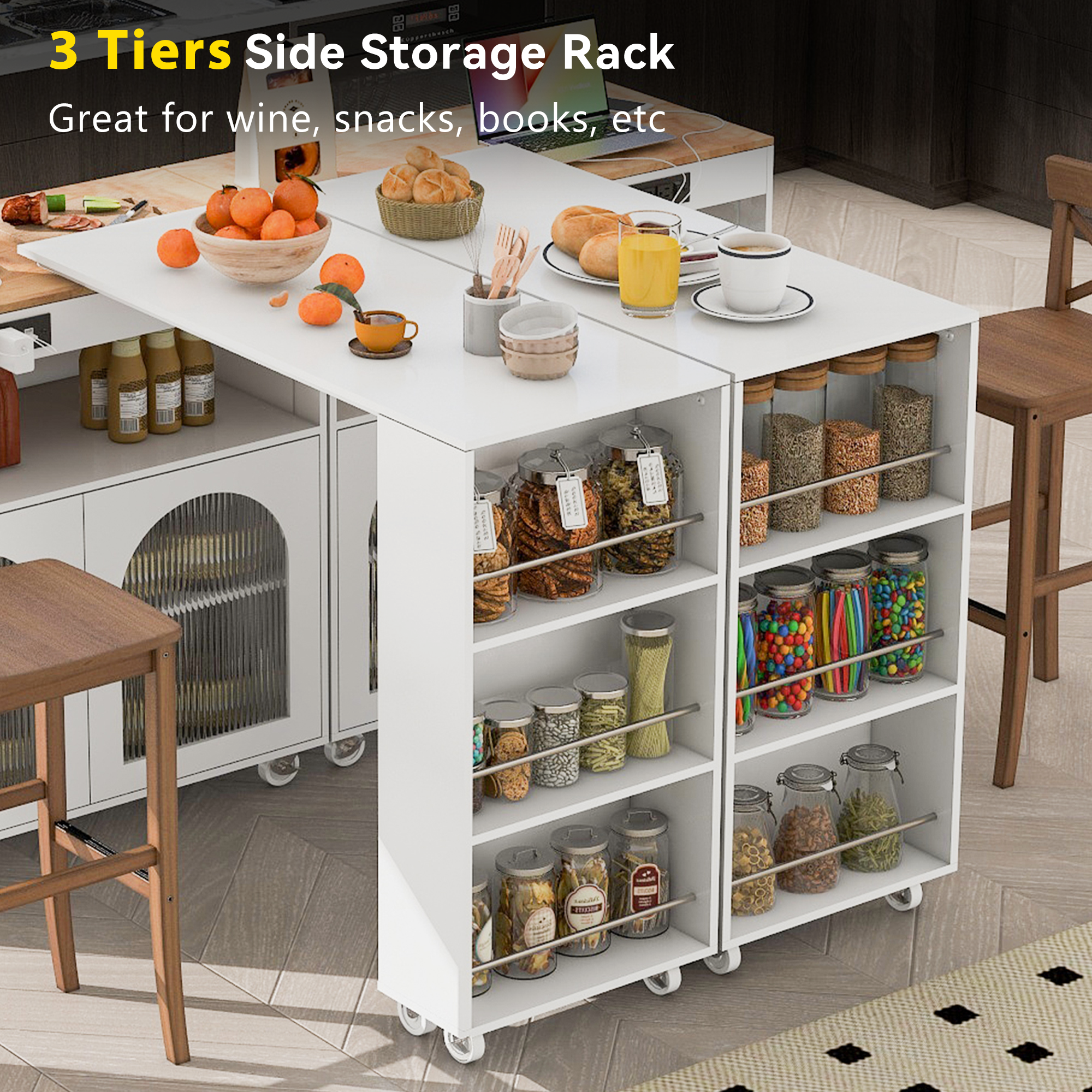 HAOYYE K&K Rolling Kitchen Island With Extended Table, Kitchen island on Wheels with LED Lights,Power Outlets and 2 Fluted Glass Doors, Kitchen Island with a Storage Compartment and Side 3 Open Shelves,White