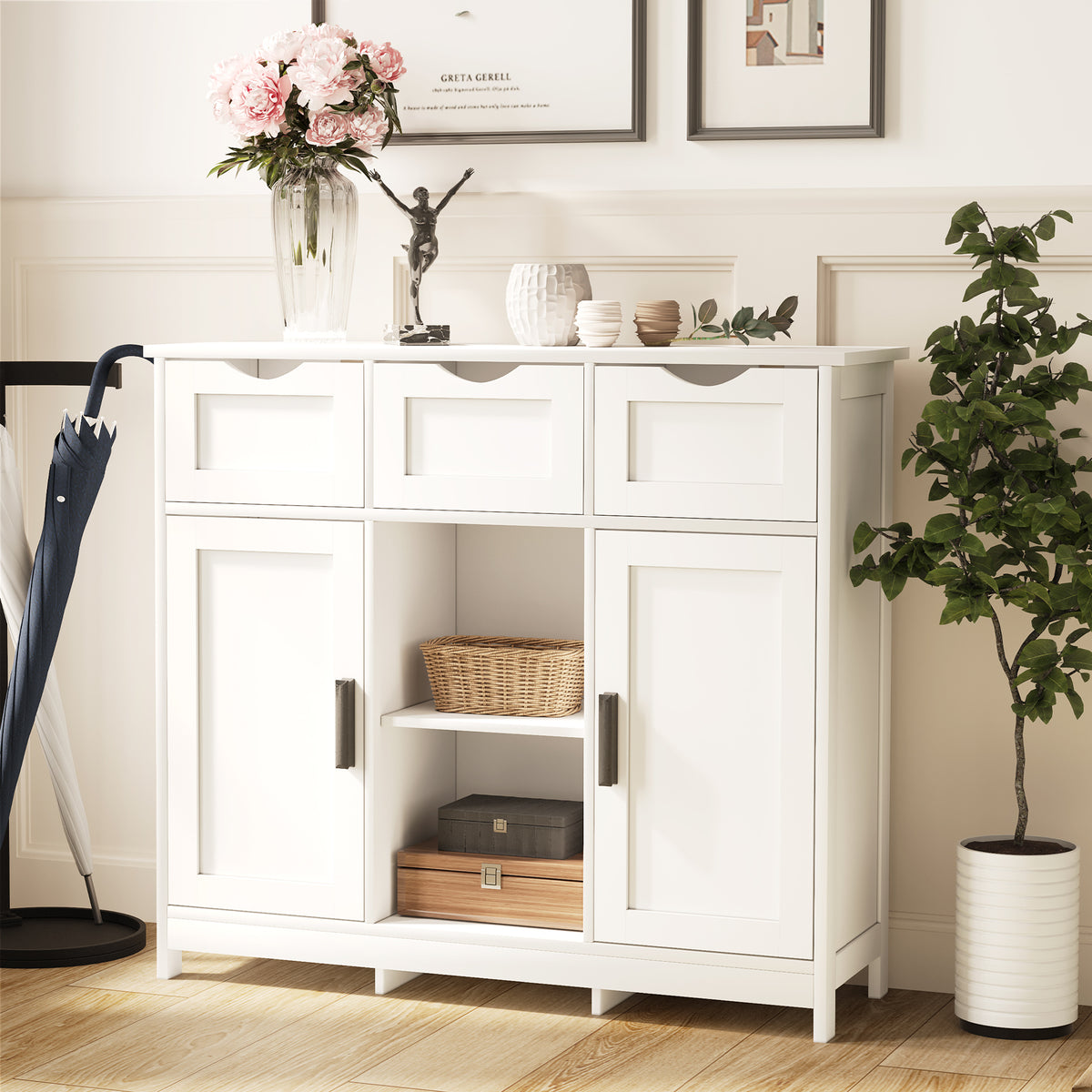 HAOYYE Storage Cabinet With Drawers And Shelves, White Wooden Floor Cabinet, Accent Cabinet For Living Room, Bedroom, Or Bathroom, Sturdy Modern Space-Saving Heavy Duty Design