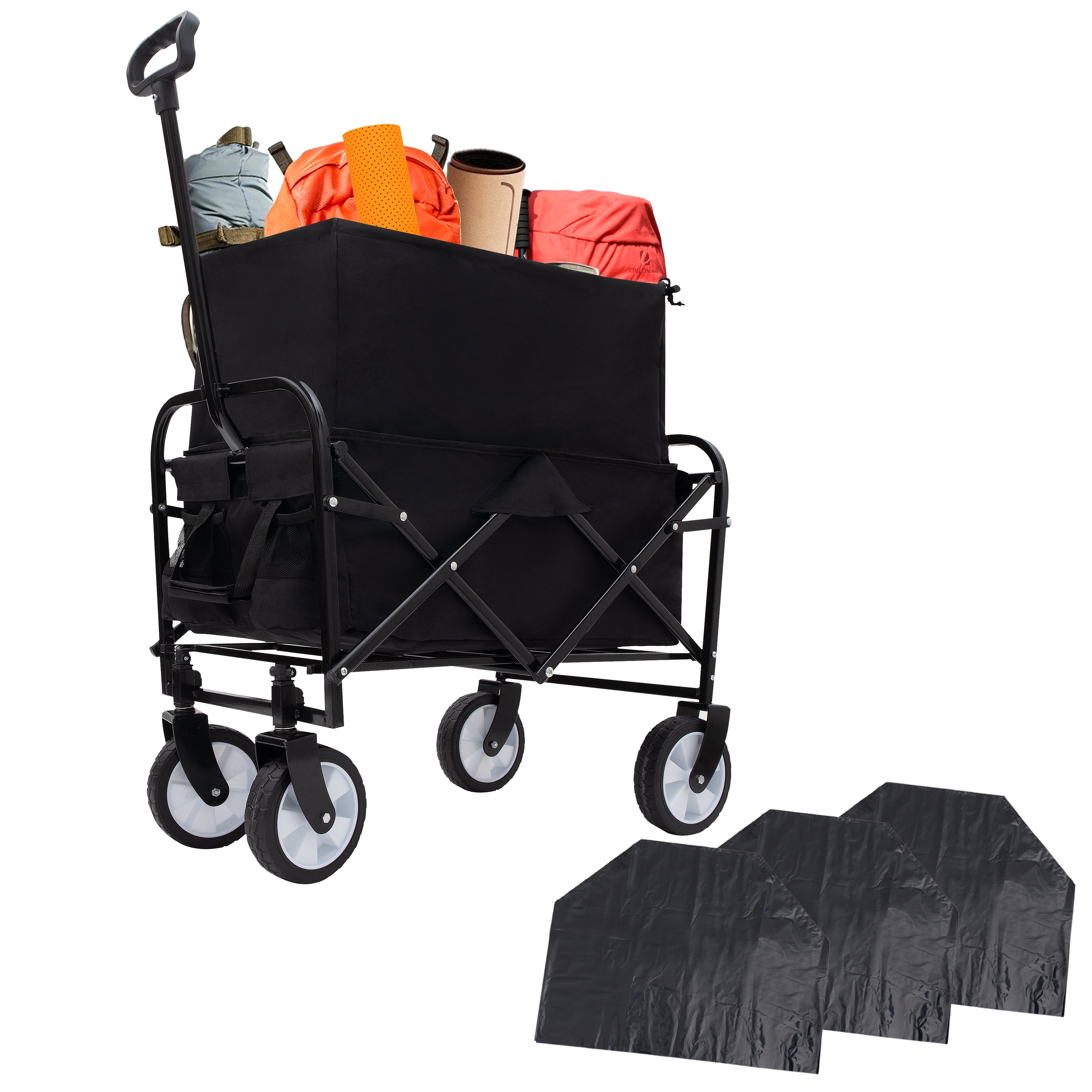 HAOYYE Multi Use Collapsible Foldable Wagon Cart Heavy Duty Utility Cart with 3 Plastic Liner Bags and Cover Grocery Wagon for Beach Camping Picnic Outdoor Travel Black