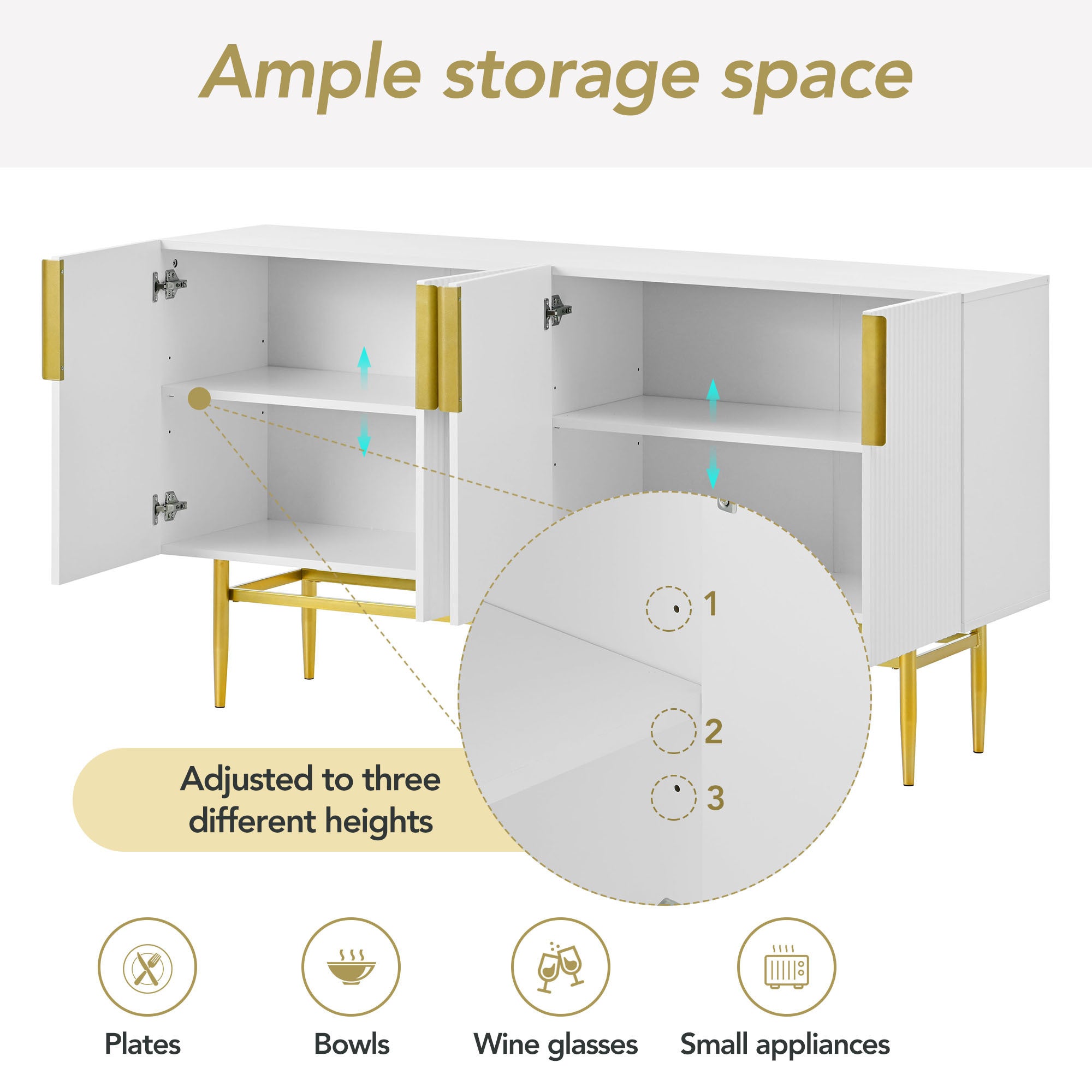 HAOYYE Modern Elegant 4-door Sideboard Gold Metal Handle Buffet Cabinet for Dining Room, Living Room, Bedroom, Hallway (White) Sturdy Space-Saving Heavy Duty Modern Design Adults Dorm Room