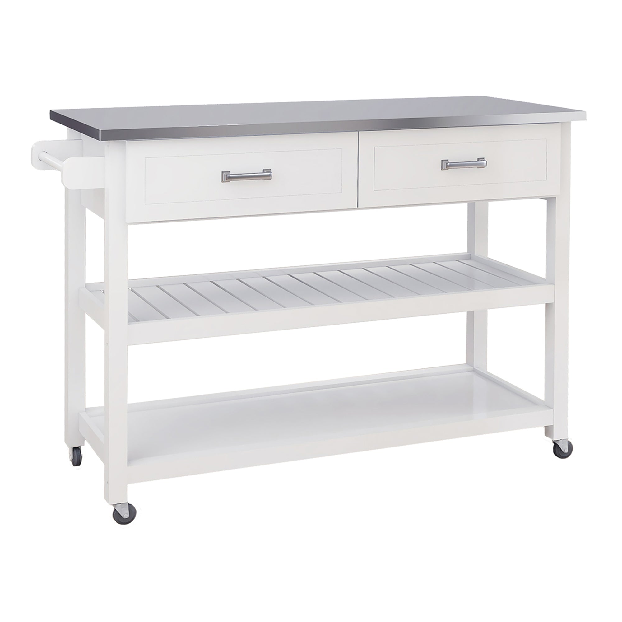 HAOYYE Kitchen Cart with Stainless Steel Tabletop, Two Drawers, and Storage Shelves, White, Sturdy Space-Saving Design, Heavy Duty Construction, Easy Assembly, Durable and Stylish Home Furniture