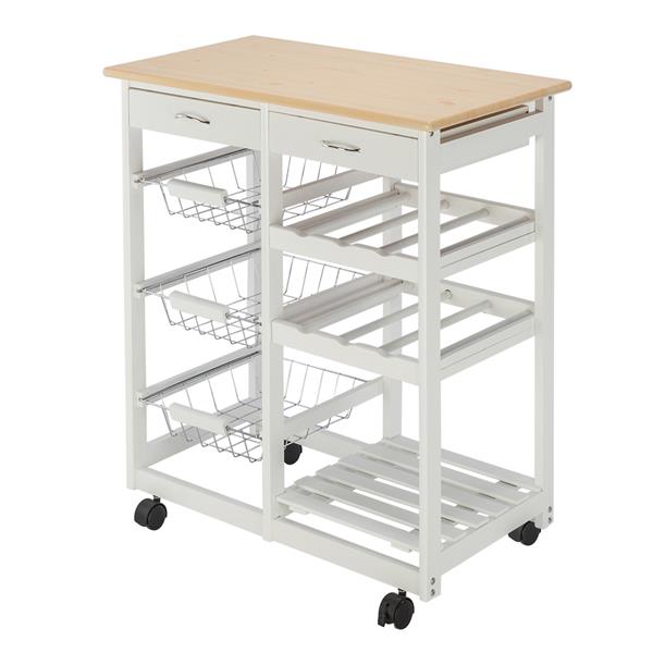 HAOYYE Moveable Kitchen Island Cart with Two Drawers, Three Metal Baskets, and Two Wine Racks, Sturdy Durable Rolling Storage Cart with White Pine Frame, Easy Assembly, Space-Saving, Ideal for Home Kitchens or Dining Rooms
