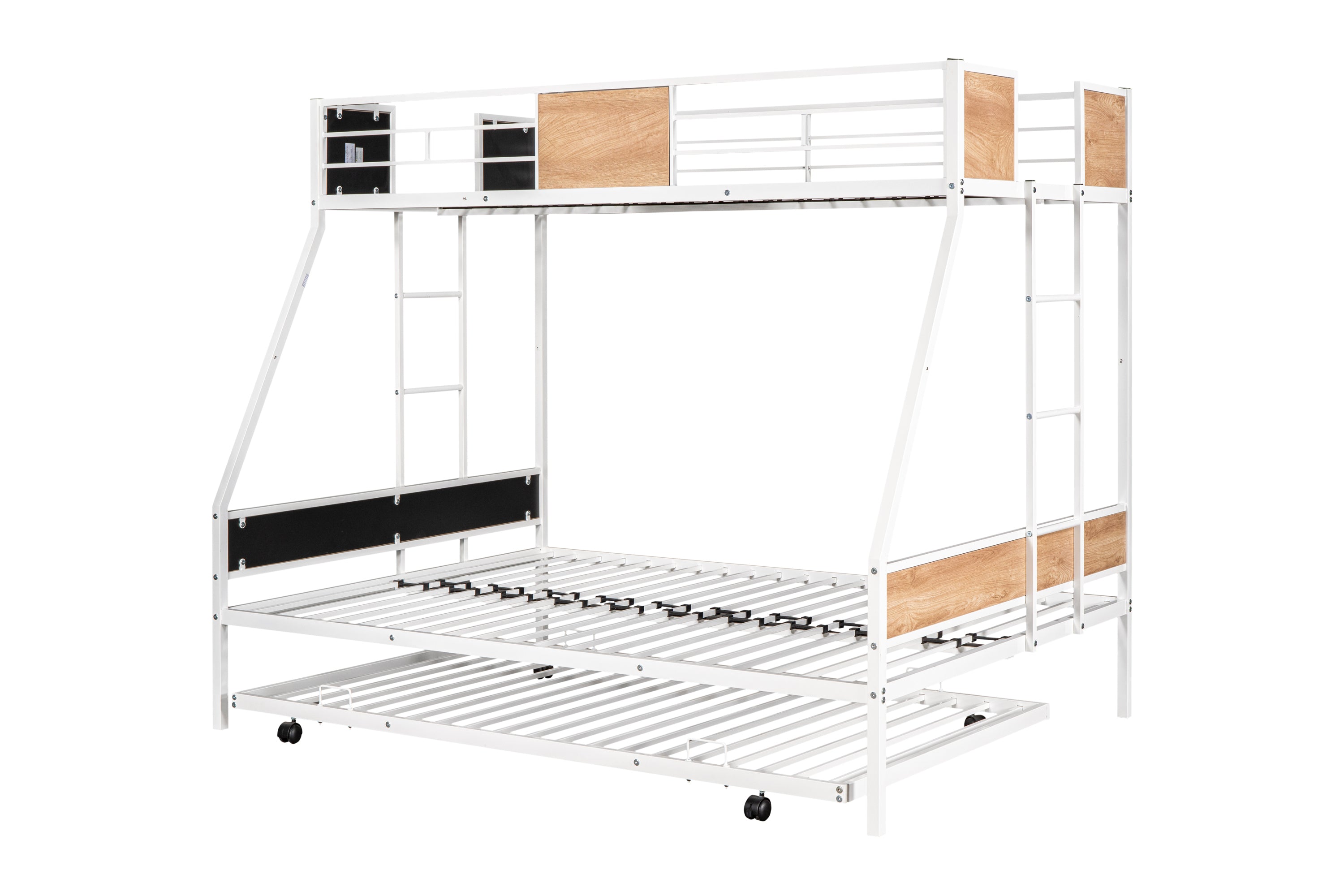 HAOYYE Metal Twin over Full Bunk Bed with Trundle/ Heavy-duty Sturdy Metal/ Noise Reduced/ Safety Guardrail/ Wooden Decoration/ Convenient Trundle / Bunk Bed for Three/ CPC Certified/ No Box Spring Needed