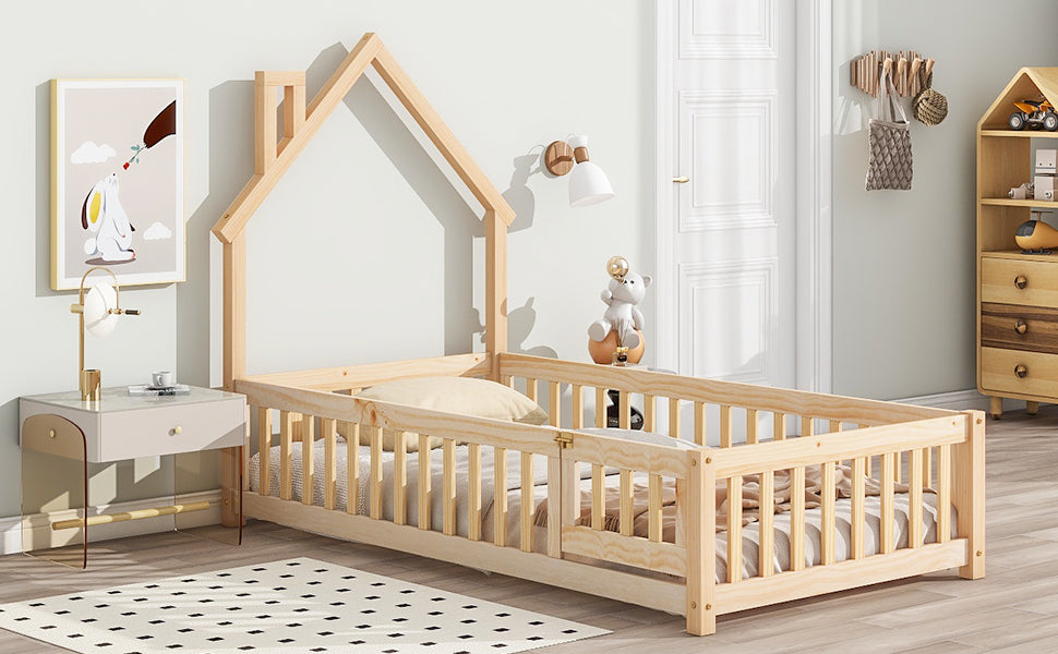 HAOYYE Twin House-Shaped Headboard Floor Bed with Fence ,Natural Sturdy Space-Saving Heavy Duty Modern Design Adults Dorm Room Easy Assembly Bedroom Furniture