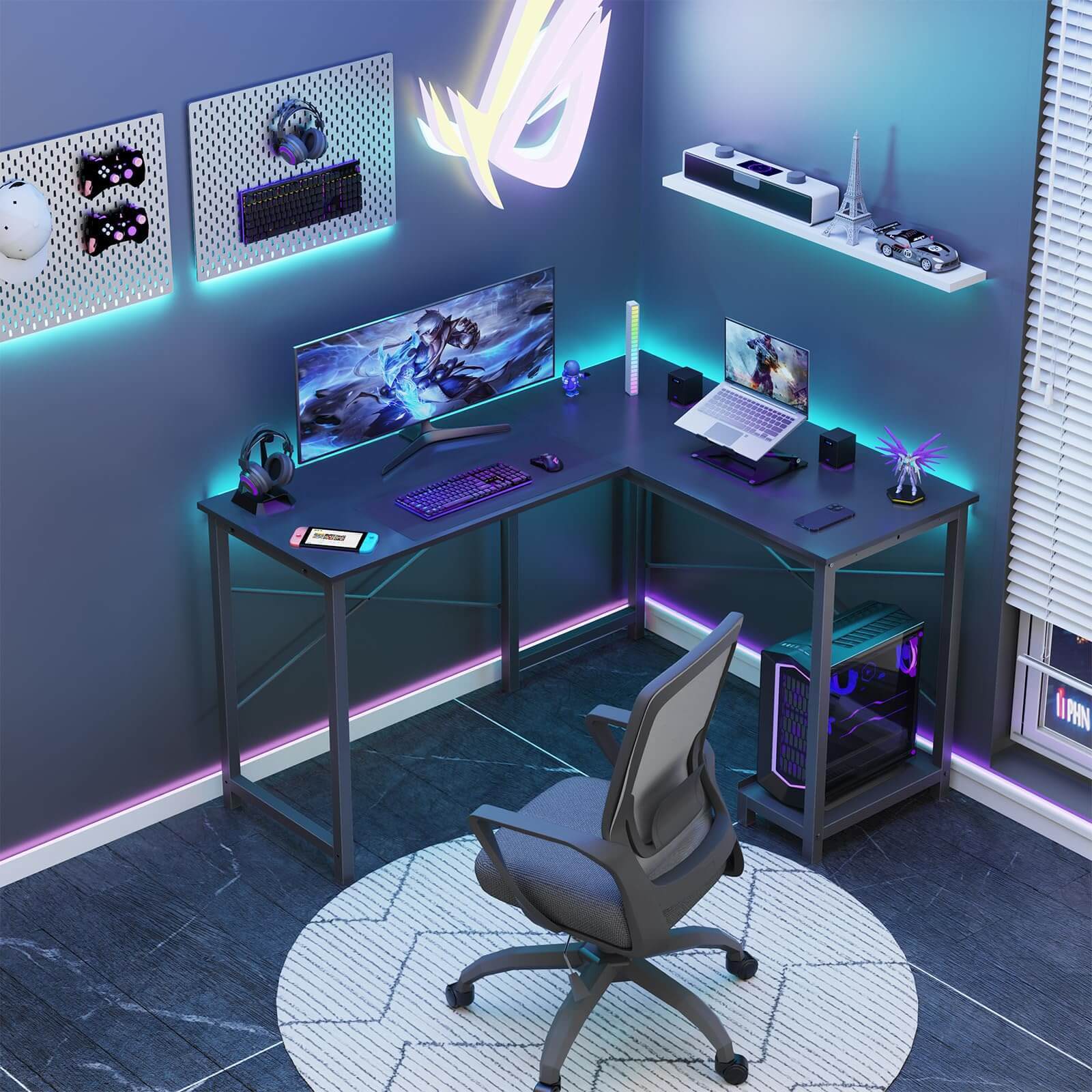 Haoyye L Shaped Gaming Desk, Modern Corner Computer Desk with Side Storage Bag and CPU Tray, Modular Design for U or L Shape Setup, Sturdy Metal Frame Workstation for Home Office, Space-Saving and Easy to Assemble Versatile Gaming Table