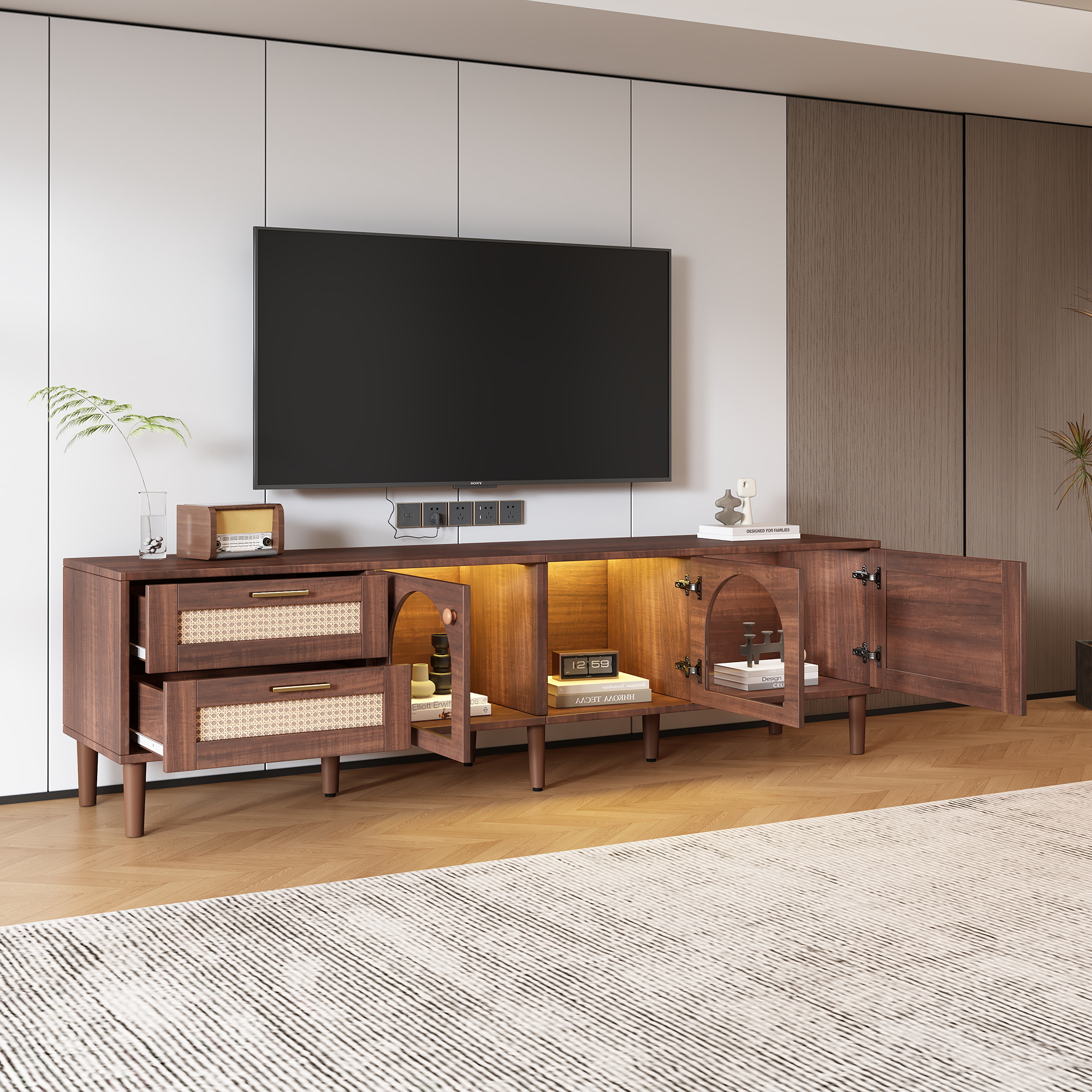 HAOYYE Rattan TV Stand with 3 Cabinets & 2 Drawers, Rattan-Inspired Media Console Table for TVs up to 80", LED Light Entertainment Center, TV Cabinet for Living Room, Bedroom, Home Theater, Sturdy Heavy Duty Construction