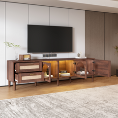 HAOYYE Rattan TV Stand with 3 Cabinets & 2 Drawers, Rattan-Inspired Media Console Table for TVs up to 80", LED Light Entertainment Center, TV Cabinet for Living Room, Bedroom, Home Theater, Sturdy Heavy Duty Construction