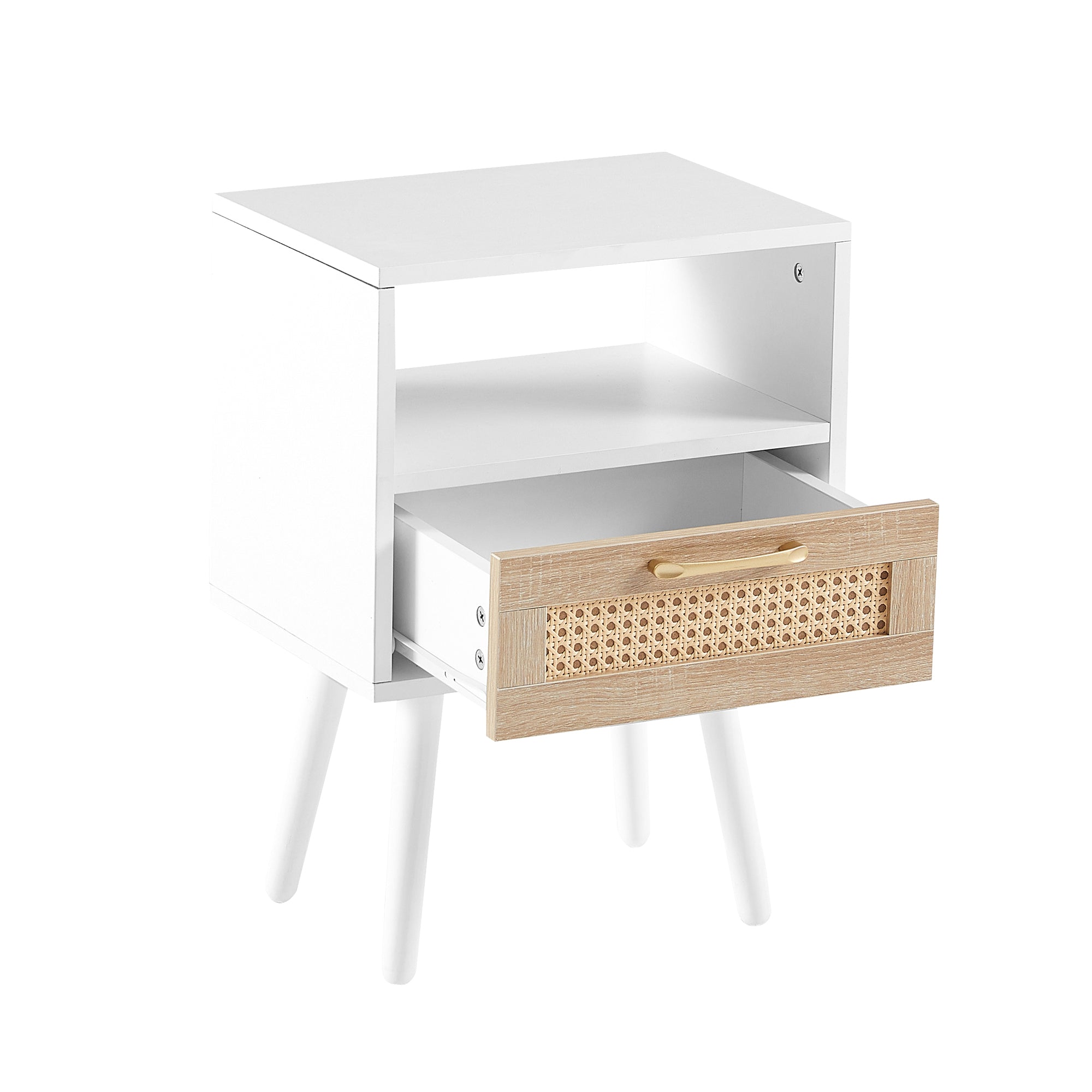 HAOYYE Rattan End Table With Drawer And Solid Wood Legs, Modern Nightstand For Bedroom And Living Room, Sturdy Space-Saving Heavy Duty Design, Easy Assembly, White
