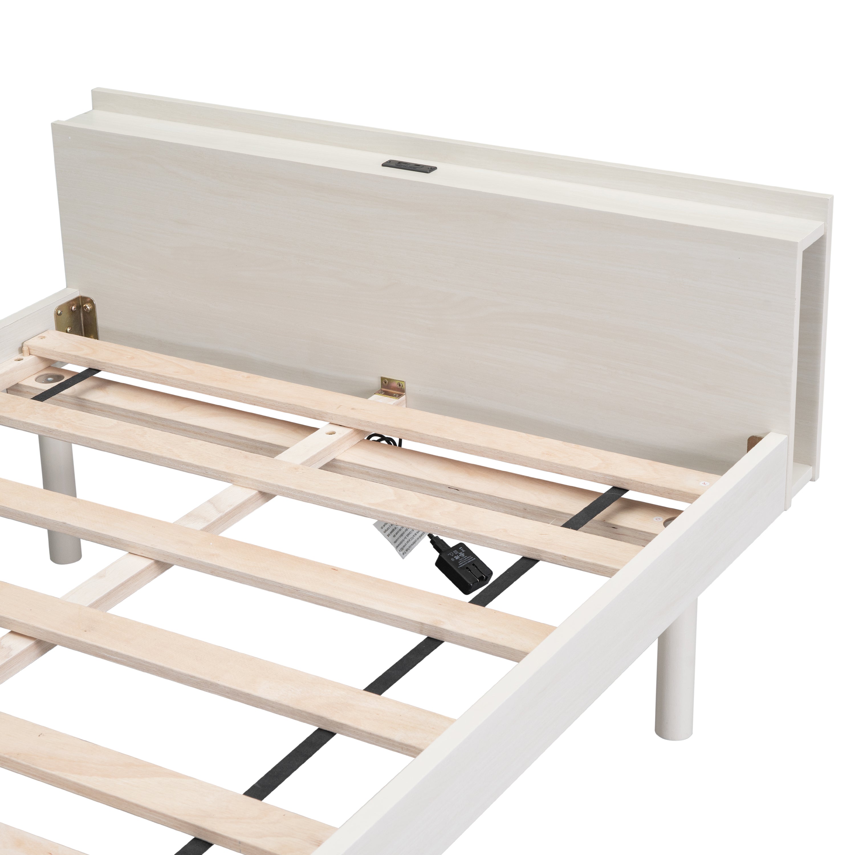 HAOYYE Modern Design Twin Size Platform Bed Frame with Built-in USB Ports for White Washed Color Sturdy Space-Saving Heavy Duty Adults Dorm Room Easy Assembly Bedroom Furniture