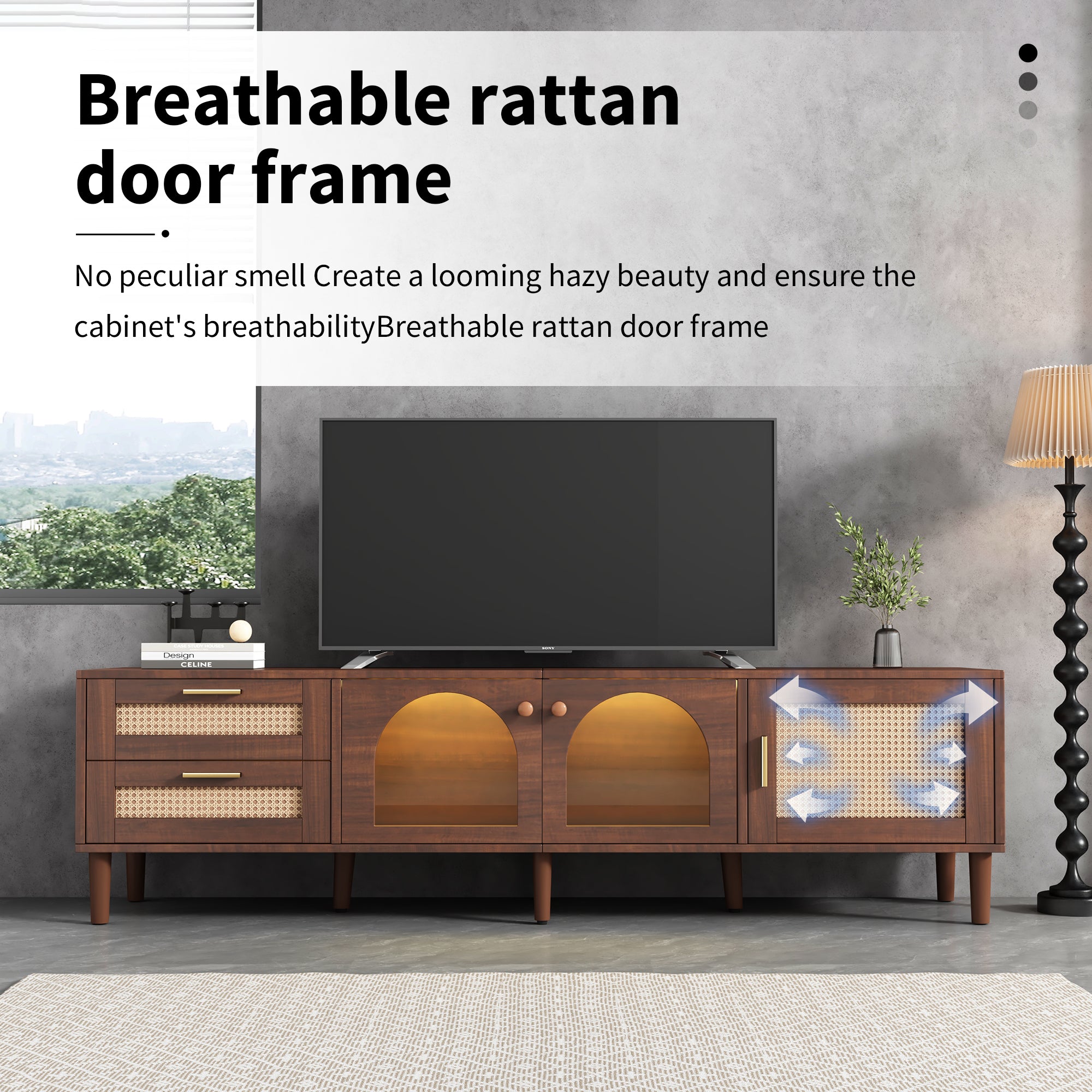 HAOYYE Rattan TV Stand with 3 Cabinets & 2 Drawers, Rattan-Inspired Media Console Table for TVs up to 80", LED Light Entertainment Center, TV Cabinet for Living Room, Bedroom, Home Theater, Sturdy Heavy Duty Construction