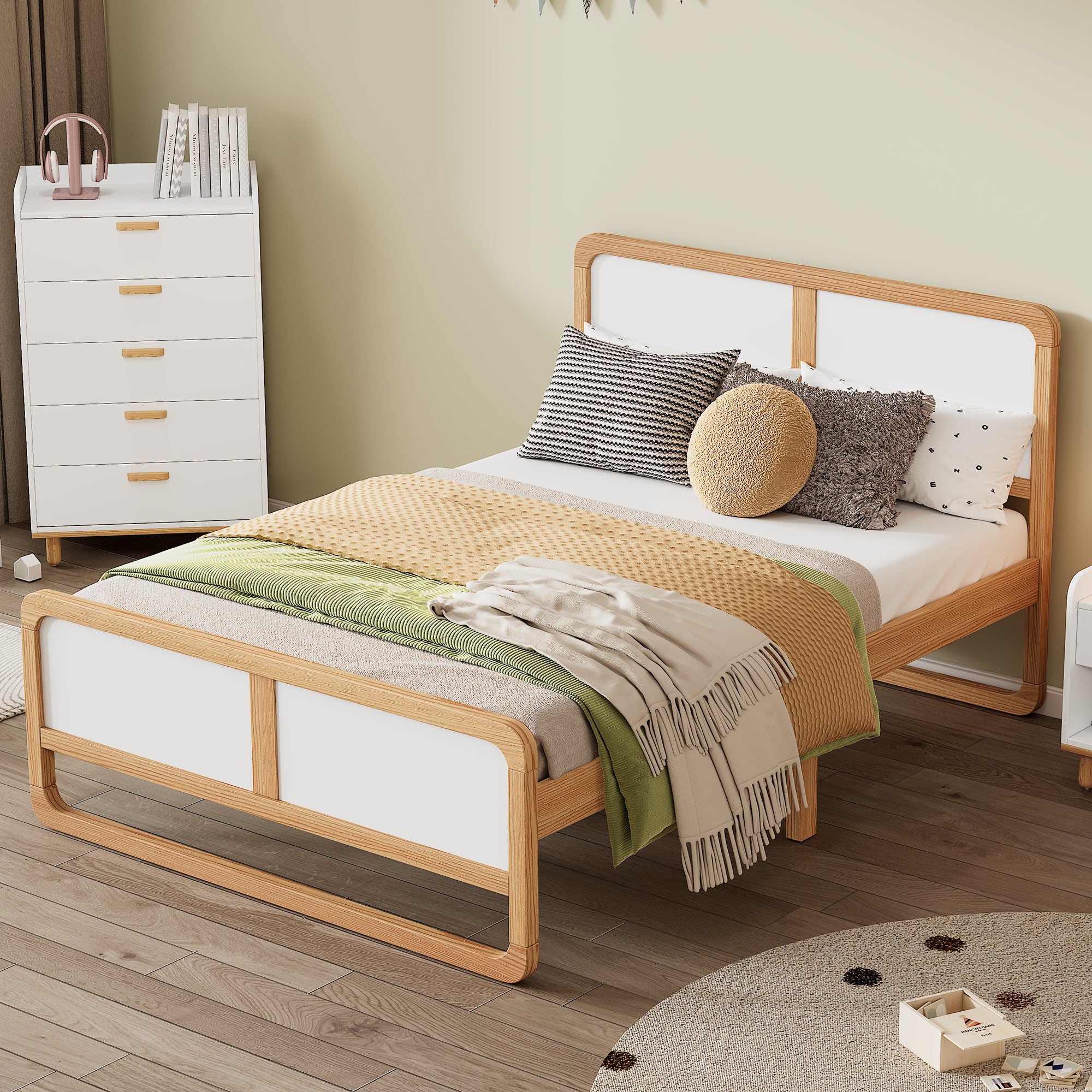 HAOYYE Modern Style Queen Size Solid Wood Platform Bed for , Teens, Adults, No Need Box Spring, Walnut and White Sturdy Space-Saving Heavy Duty Modern Design Dorm Room Easy Assembly Bedroom Furniture