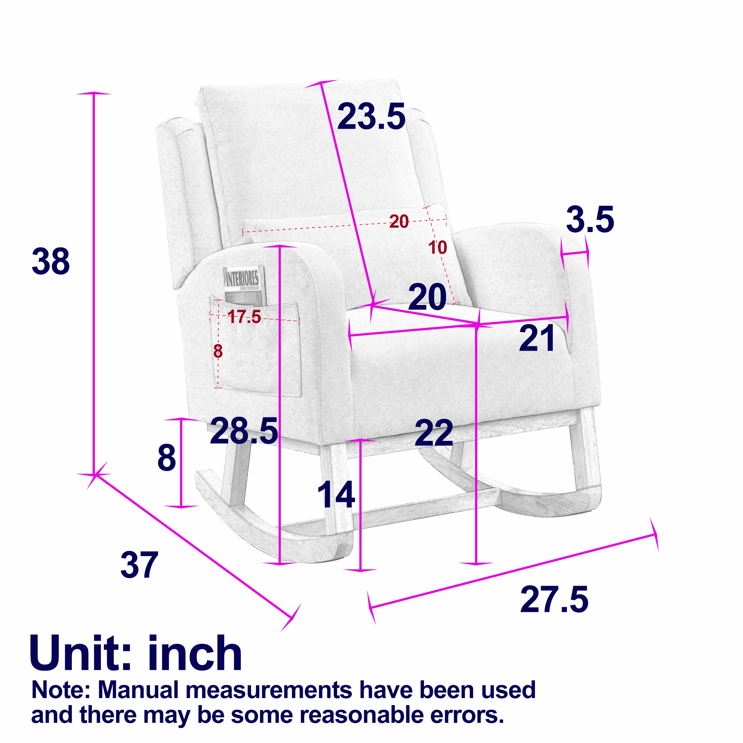 HAOYYE 27.5 "W Modern Accent High Back Living Room Casual Armchair Rocker with One Lumbar Pillow, Two Side Pockets,Teddy White (Ivory) Sturdy Space-Saving Heavy Duty Modern Design Adults