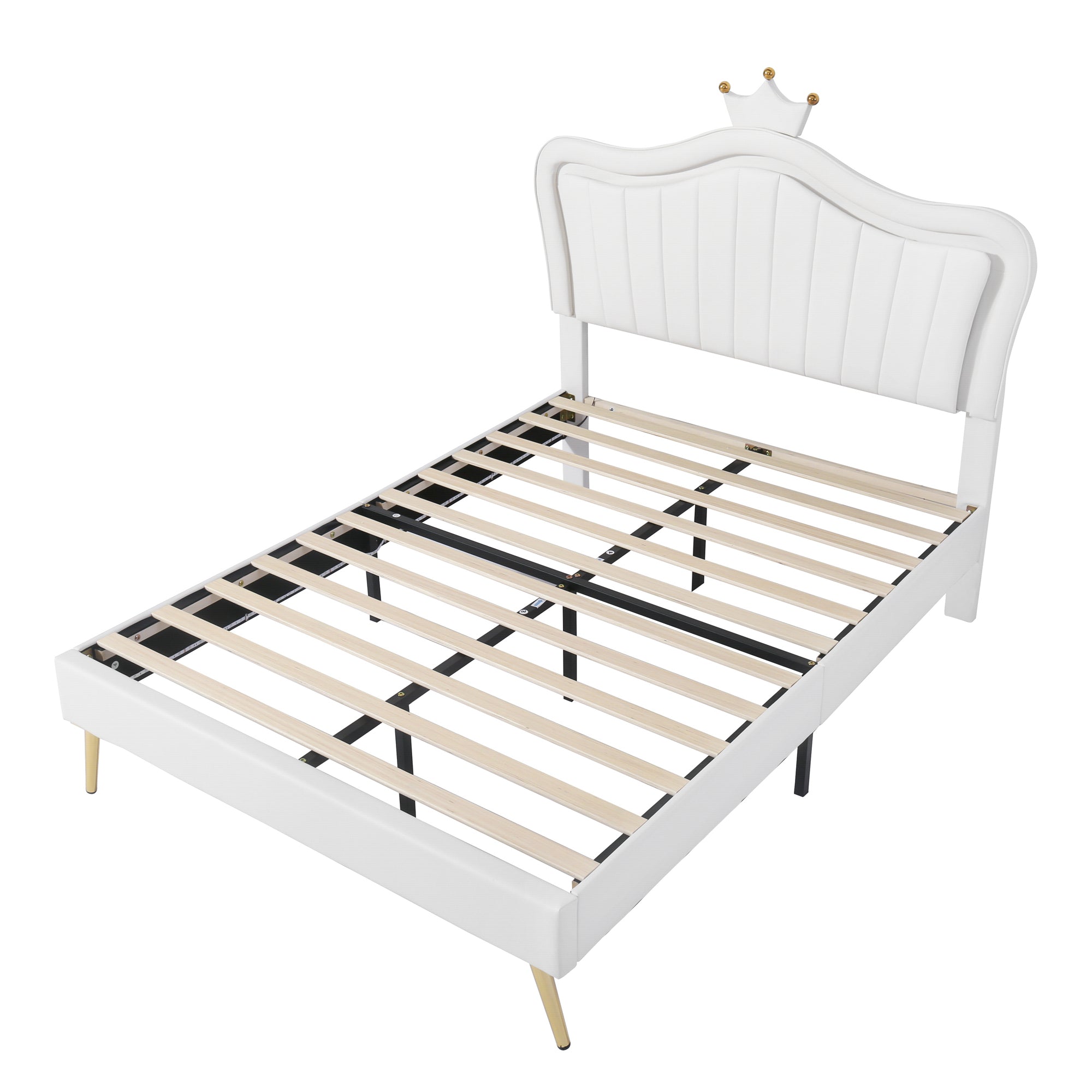 HAOYYE Full Size Upholstered Bed Frame with LED Lights,Modern Upholstered Princess Bed With Crown Headboard,White Sturdy Space-Saving Heavy Duty Modern Design Adults Dorm Room Easy Assembly
