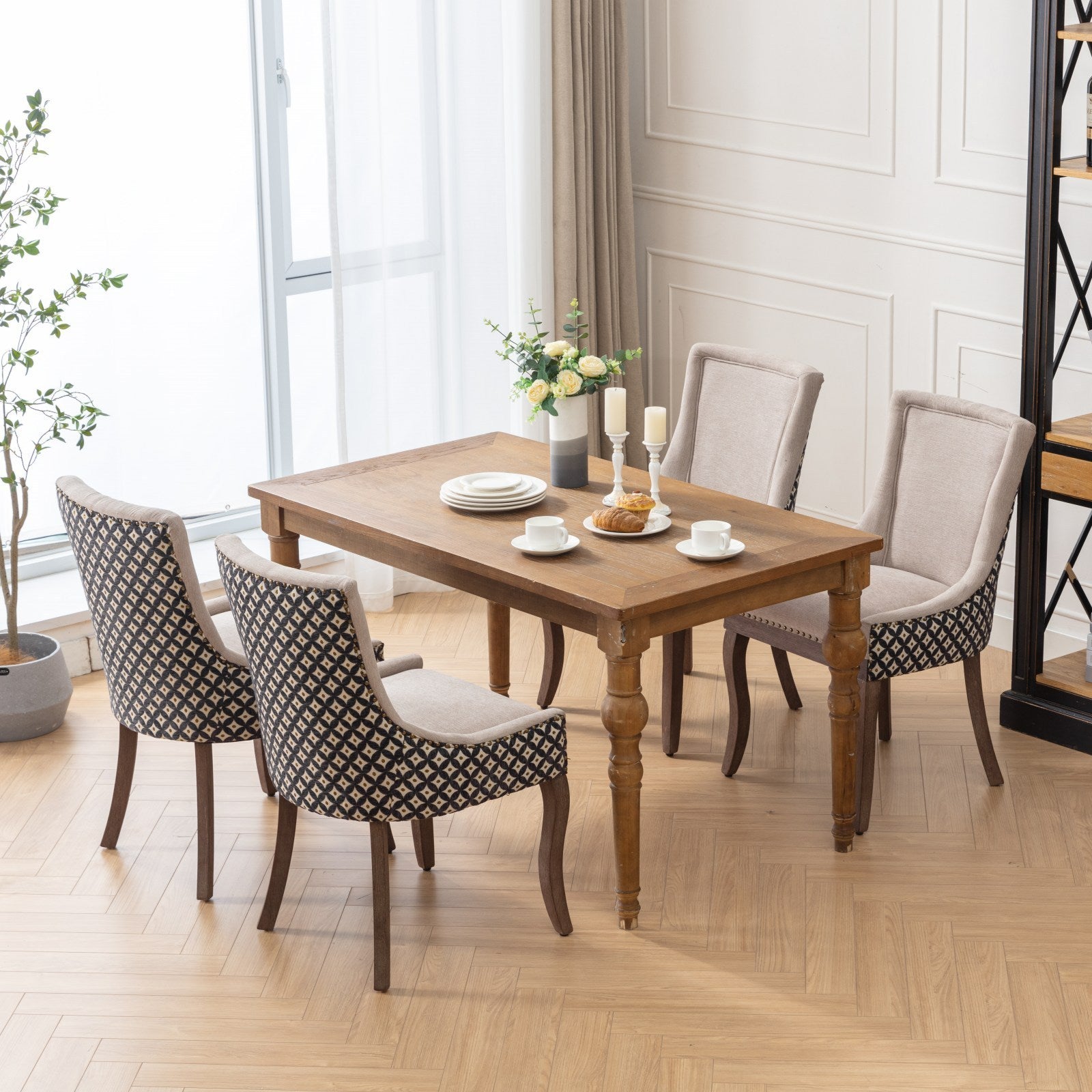 HAOYYE Ultra Side Dining Chair, Thickened fabric chairs with neutrally toned solid wood legs, Bronze nail head, Set of 2, Beige and Patterned,SW2207BG Sturdy Space-Saving Heavy Duty