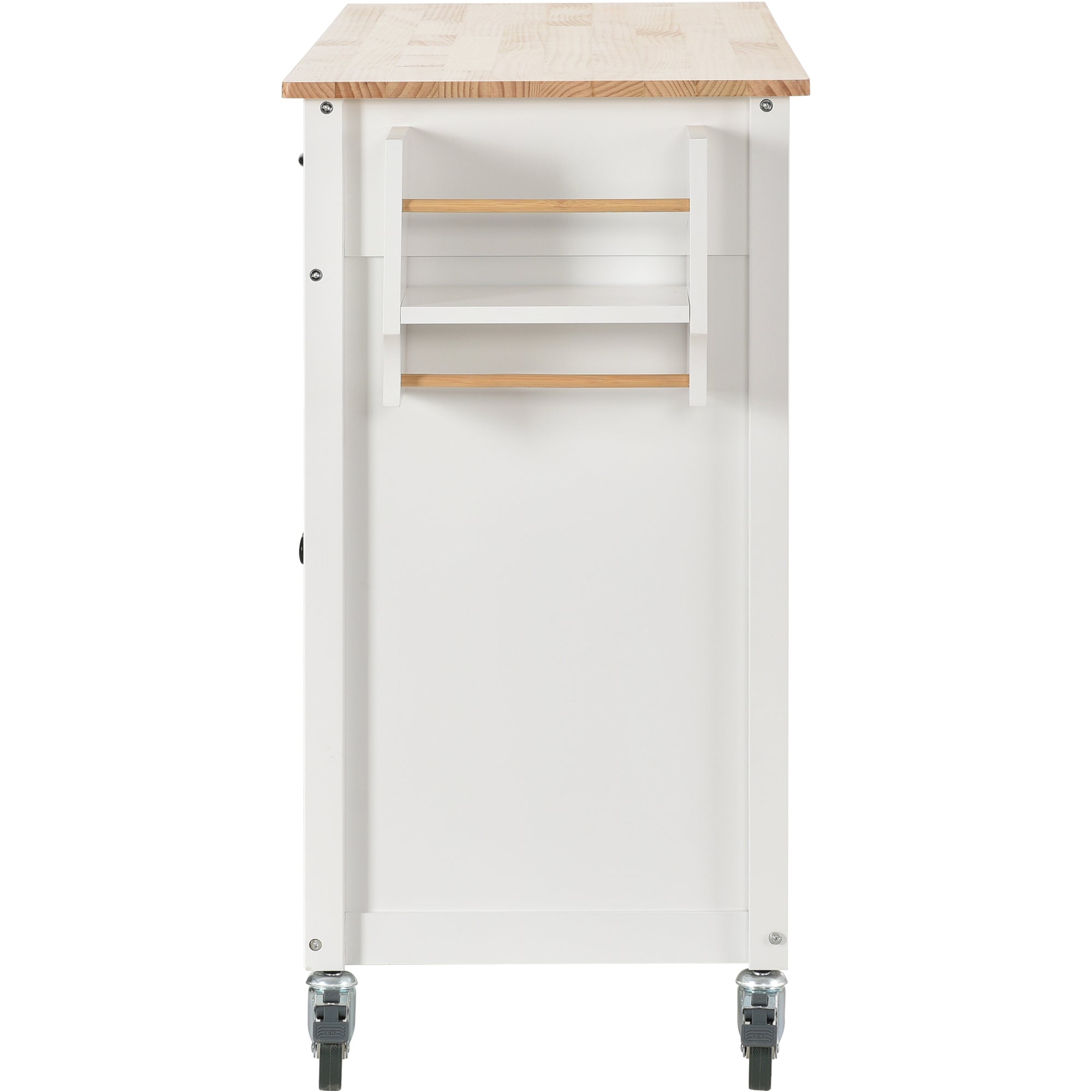 HAOYYE Kitchen Island Cart with Solid Wood Top, Locking Wheels, Four Door Cabinet, Two Drawers, Spice Rack, and Towel Rack, White, Sturdy Space-Saving Design, Heavy Duty Construction, Easy Assembly, Durable and Stylish Home Furniture