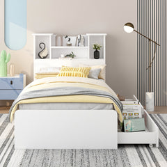 HAOYYE Twin Size Storage Platform Bed Frame with 4 Open Storage Shelves and 2 Drawers, LED Lights, White, Sturdy Space-Saving Heavy Duty Design, Easy Assembly, Ideal for Adults and Dorm Rooms
