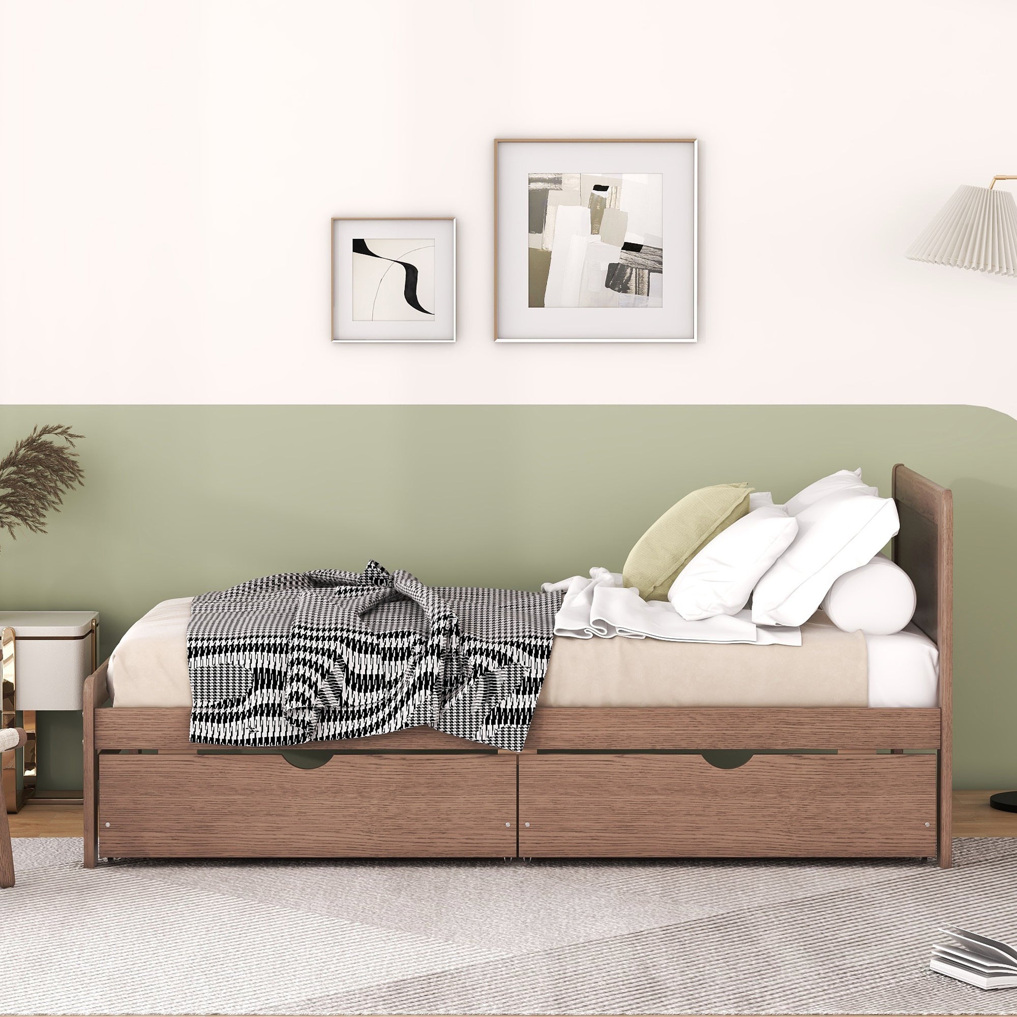 HAOYYE Modern Twin Size Platform Bed Frame With 2 Drawers, Walnut Finish, Space-Saving Heavy Duty Construction, Ideal For Adults And Dorm Rooms, Easy Assembly Bedroom Furniture