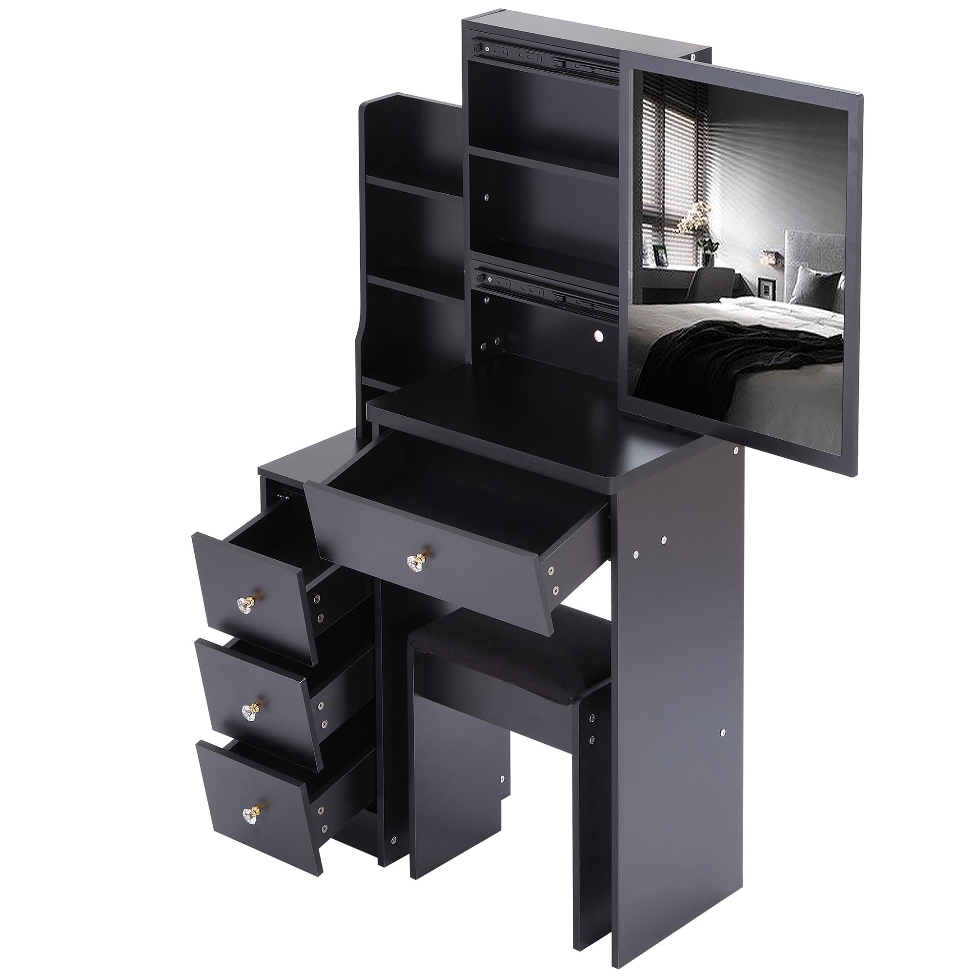 HAOYYE Small Size Left Bedside Cabinet Vanity Table + Cushioned Stool, Extra Large Sliding Mirror, Multi Layer, High Capacity Storage Fashionable Dresser, Suitable for Small Space, EPA,GCC,UL Certificate