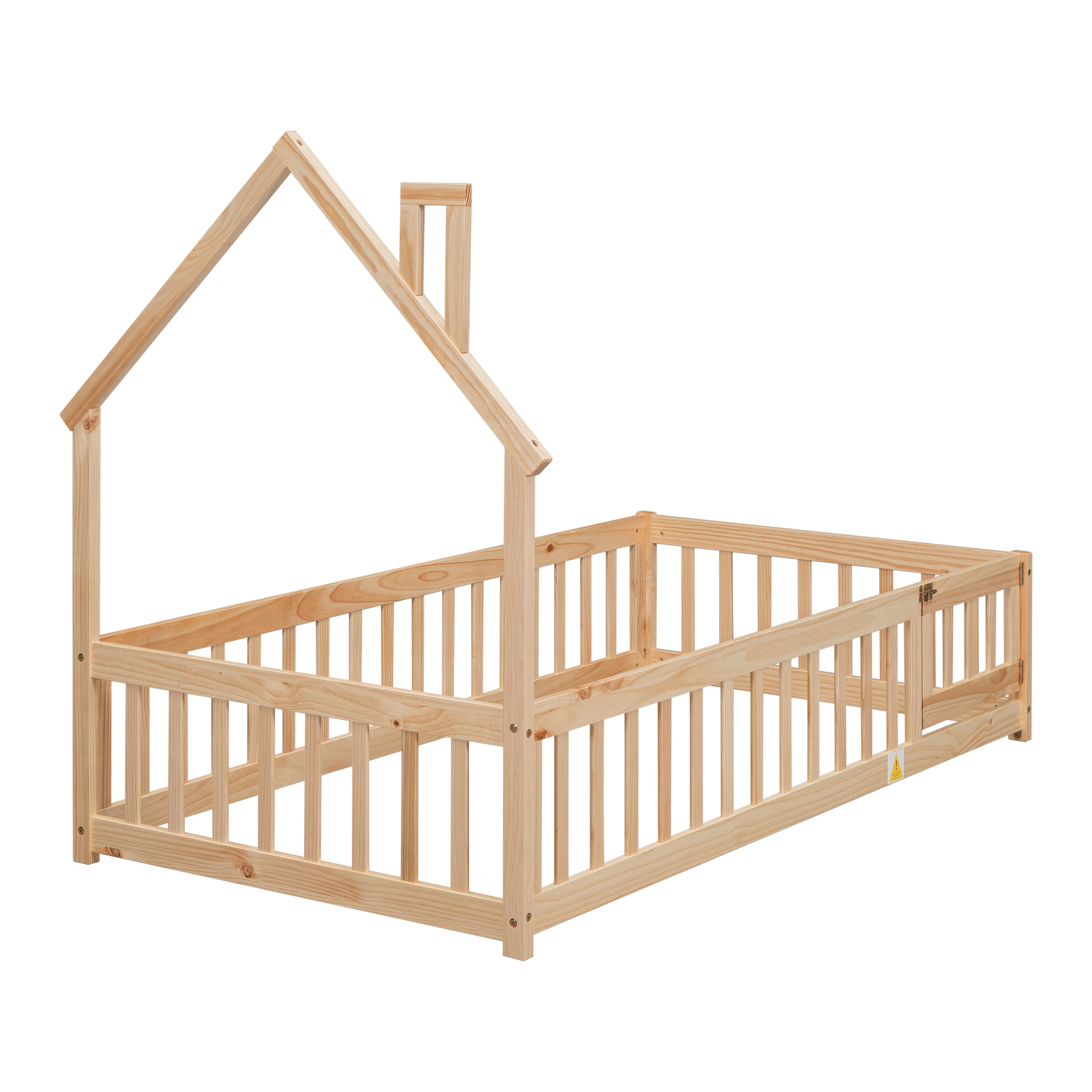 HAOYYE Twin House-Shaped Headboard Floor Bed with Fence ,Natural Sturdy Space-Saving Heavy Duty Modern Design Adults Dorm Room Easy Assembly Bedroom Furniture