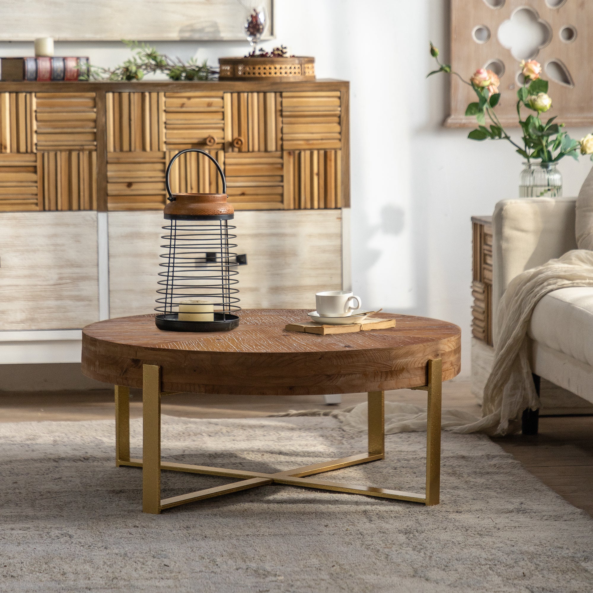 HAOYYE Modern Retro Round Coffee Table with Spliced Fir Wood Top and Gold Cross Legs Base, Sturdy Space-Saving Heavy Duty Design for Adults, Dorm Rooms, and Home Decor, Easy Assembly Entertainment Furniture for Living Rooms, Kitchens, and Offices