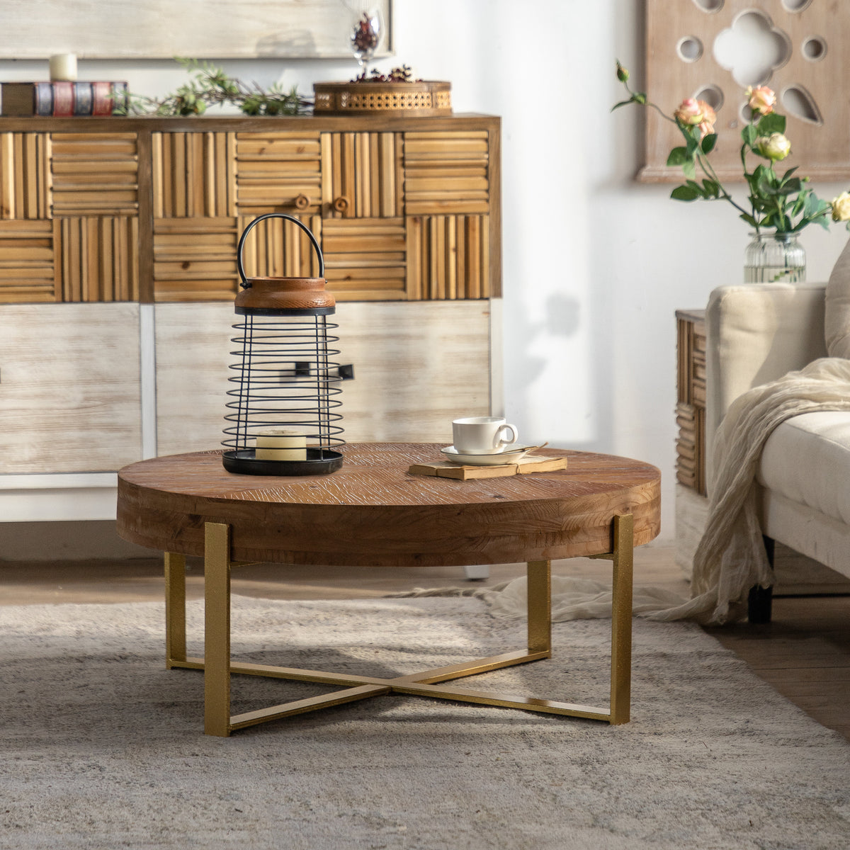 HAOYYE Modern Retro Round Coffee Table with Spliced Fir Wood Top and Gold Cross Legs Base, Sturdy Space-Saving Heavy Duty Design for Adults, Dorm Rooms, and Home Decor, Easy Assembly Entertainment Furniture for Living Rooms, Kitchens, and Offices