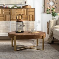 HAOYYE Modern Retro Round Coffee Table with Spliced Fir Wood Top and Gold Cross Legs Base, Sturdy Space-Saving Heavy Duty Design for Adults, Dorm Rooms, and Home Decor, Easy Assembly Entertainment Furniture for Living Rooms, Kitchens, and Offices