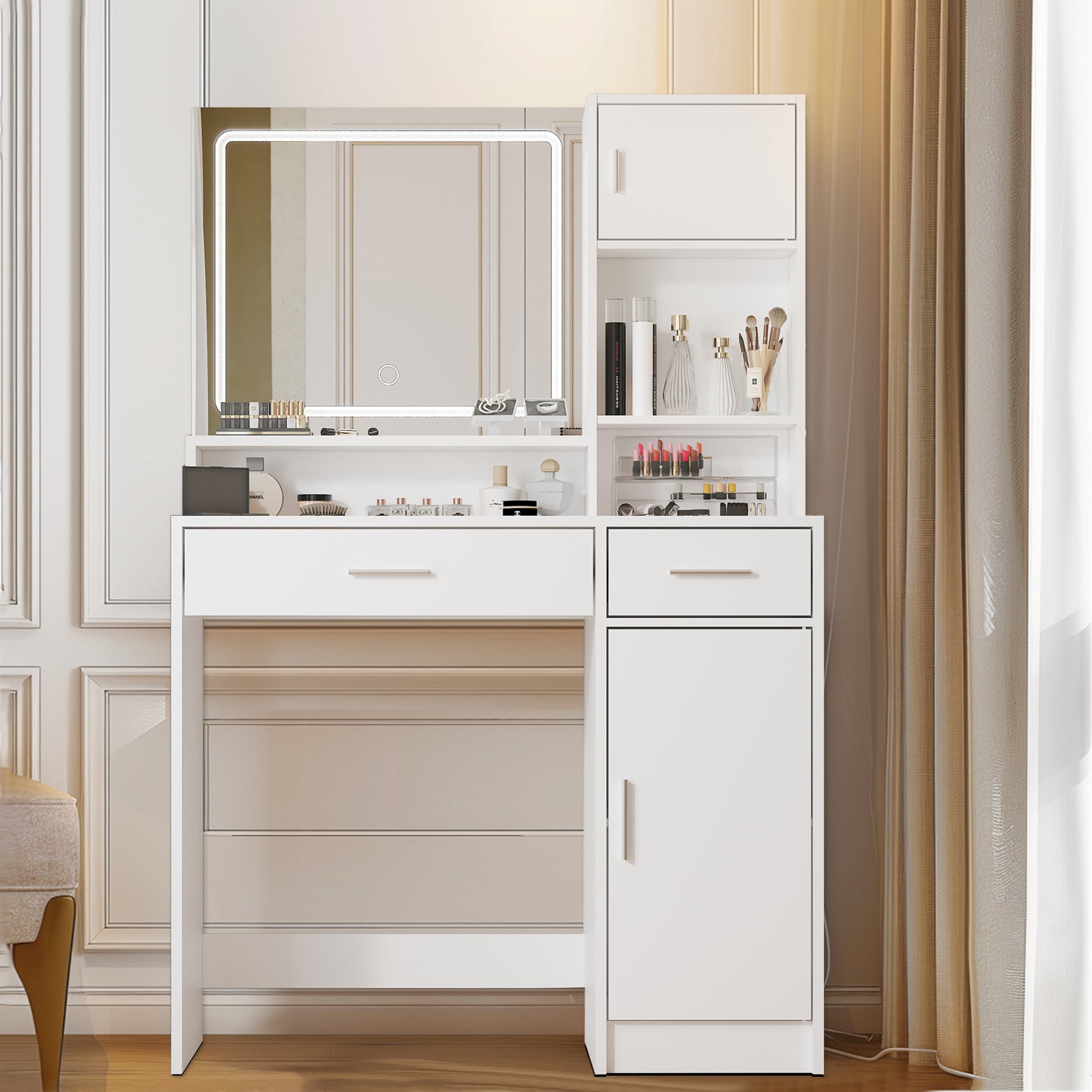 HAOYYE Vanity Desk With Mirror And LED Lighting, Dressing Table With Large Drawer And Multiple Storage Levels, 3 Lighting Modes With Adjustable Brightness, Modern White Design For Bedroom, Sturdy Space-Saving Construction