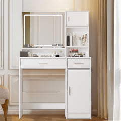 HAOYYE Vanity Desk With Mirror And LED Lighting, Dressing Table With Large Drawer And Multiple Storage Levels, 3 Lighting Modes With Adjustable Brightness, Modern White Design For Bedroom, Sturdy Space-Saving Construction