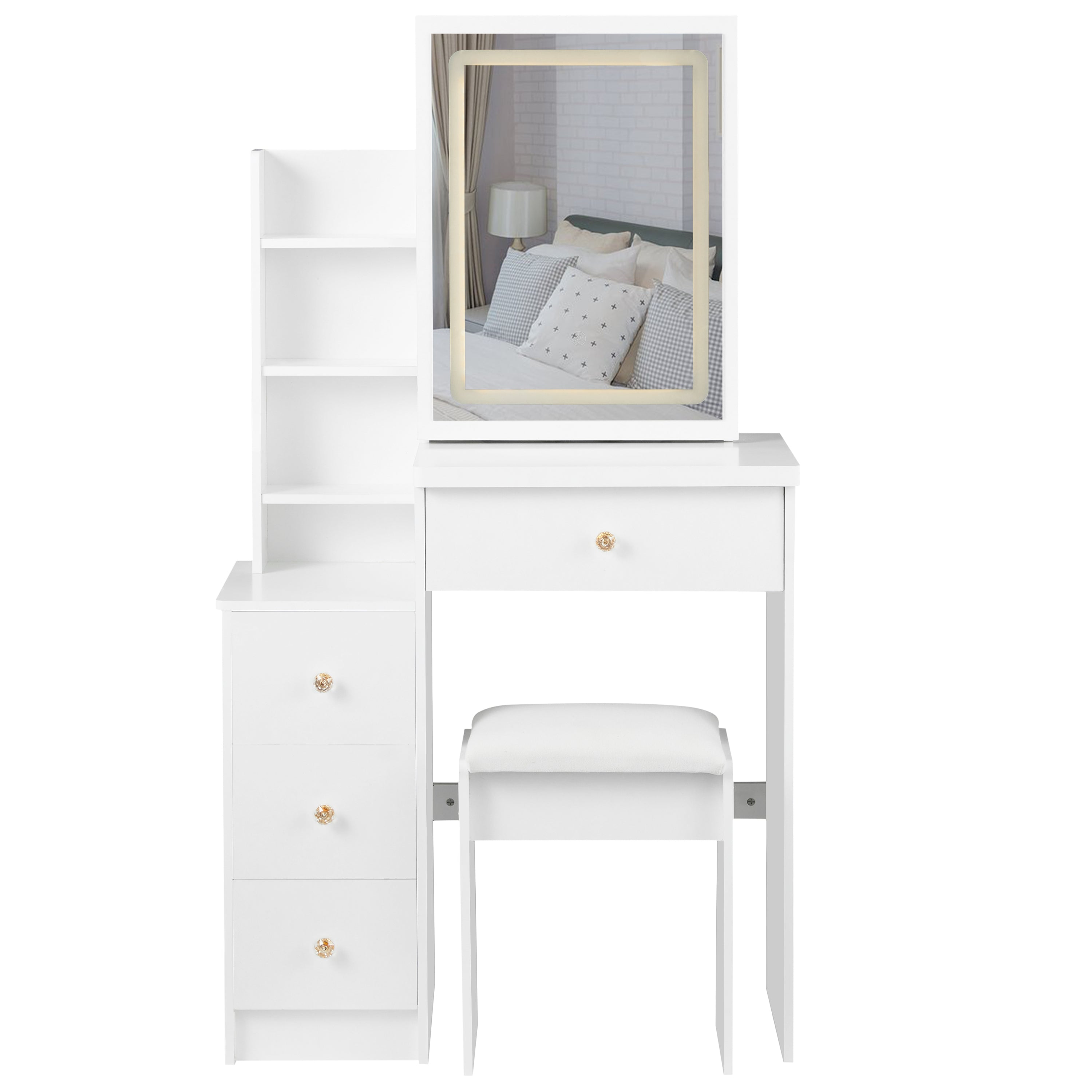 HAOYYE Small Size Left Bedside Cabinet Vanity Table + Cushioned Stool, Touch Control Sliding LED Mirror, Tri-color Switching, Brightness Adjust, Multi Layer, Suitable for Small Space, EPA,GCC,UL Certificate
