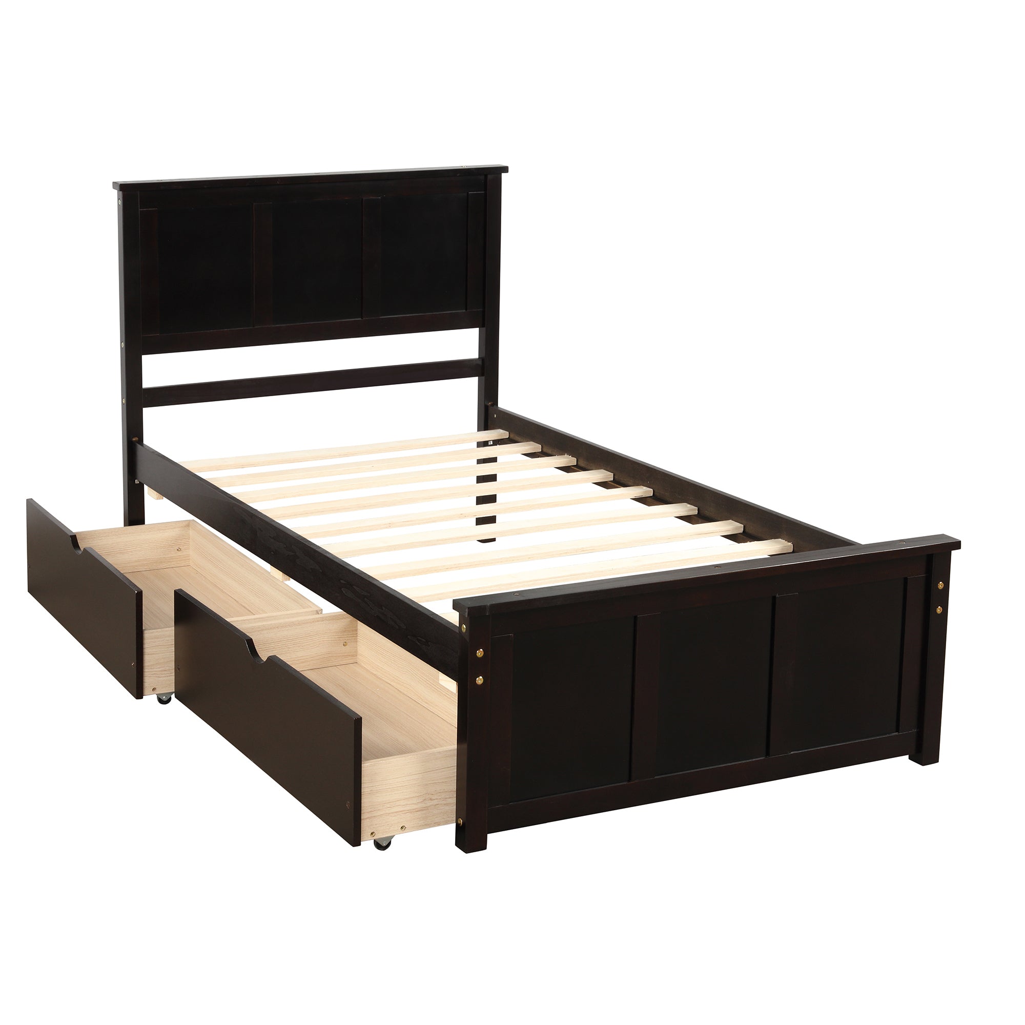HAOYYE Platform Storage Bed, Twin Size Frame with Two Drawers on Wheels, Espresso, Sturdy Space-Saving Design, Heavy Duty Construction, Easy Assembly, Durable and Stylish Home Furniture