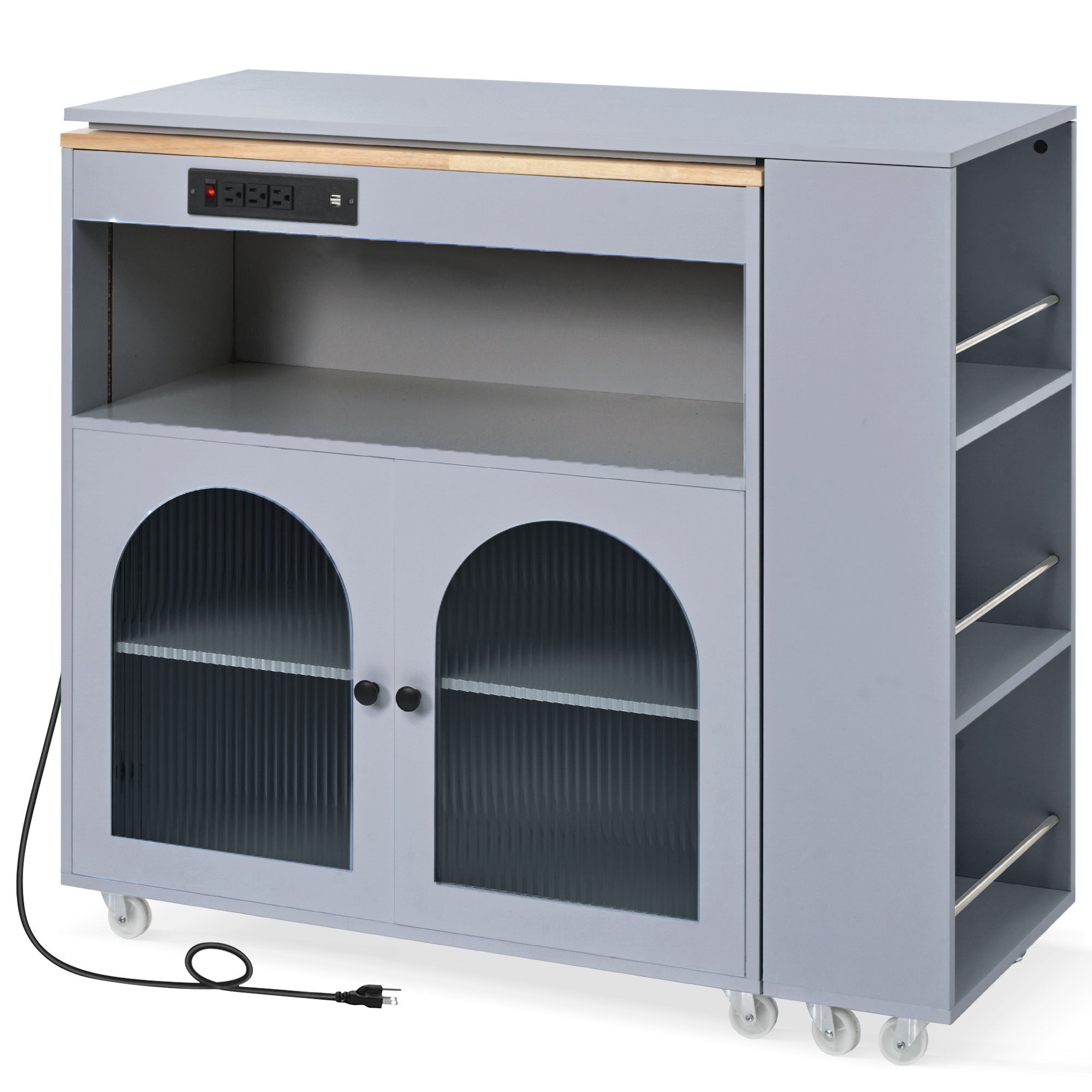 HAOYYE K&K Rolling Kitchen Island With Extended Table, Kitchen Island on Wheels with LED Lights,Power Outlets and 2 Fluted Glass Doors, Kitchen Island with a Storage Compartment and Side 3 Open Shelves, Grey