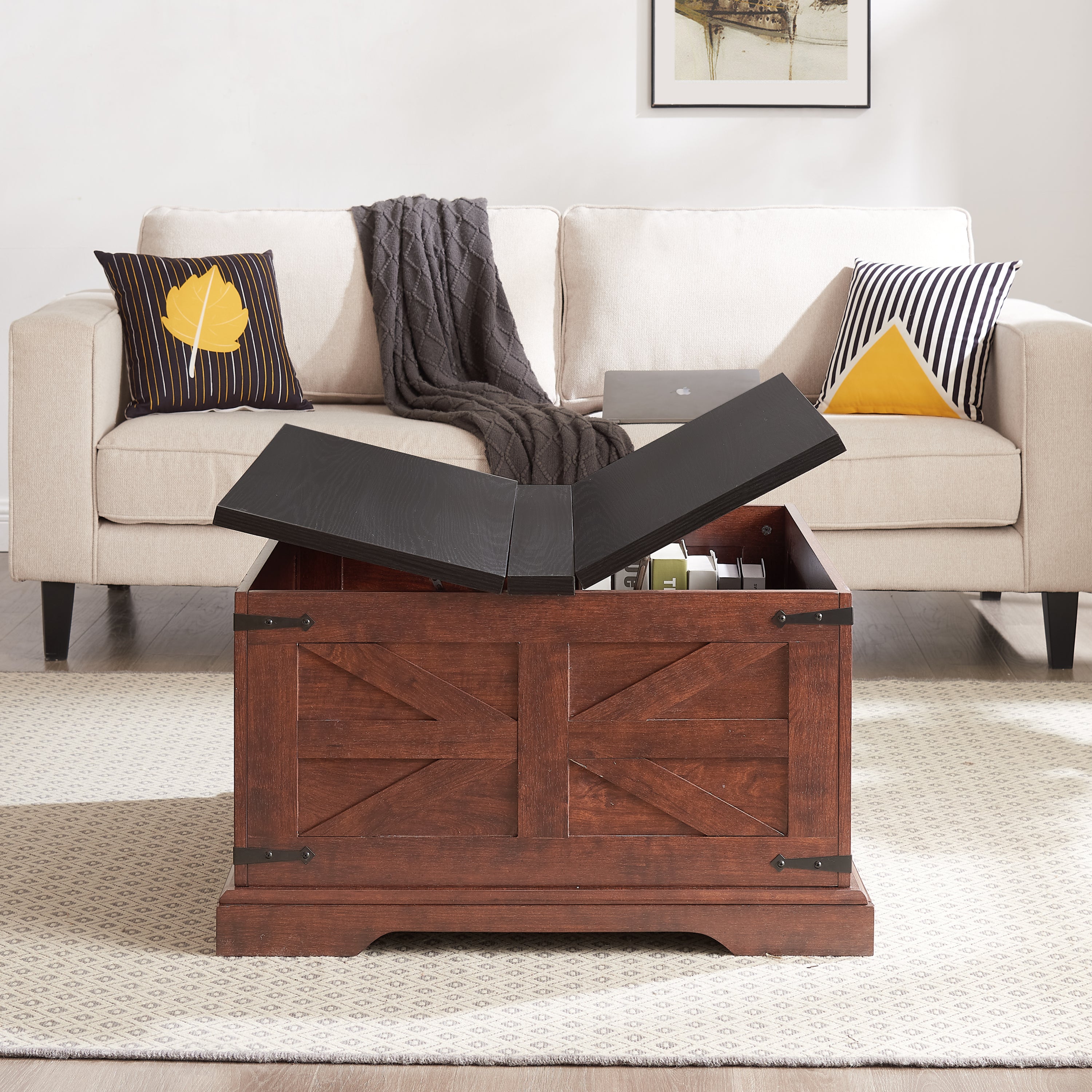 HAOYYE Farmhouse Coffee Table With Hidden Storage, Square Wood Cocktail Table With Hinged Lift Top, Rustic Barn Style Center Table For Living Room, Oak Finish