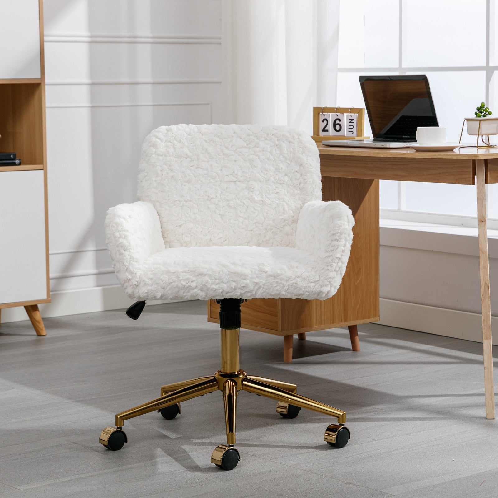 HAOYYE Artificial Rabbit Hair Home Office Chair With Golden Metal Base, Adjustable Swivel Desk Chair, Modern Beige Vanity Chair, Sturdy Space-Saving Heavy Duty Design