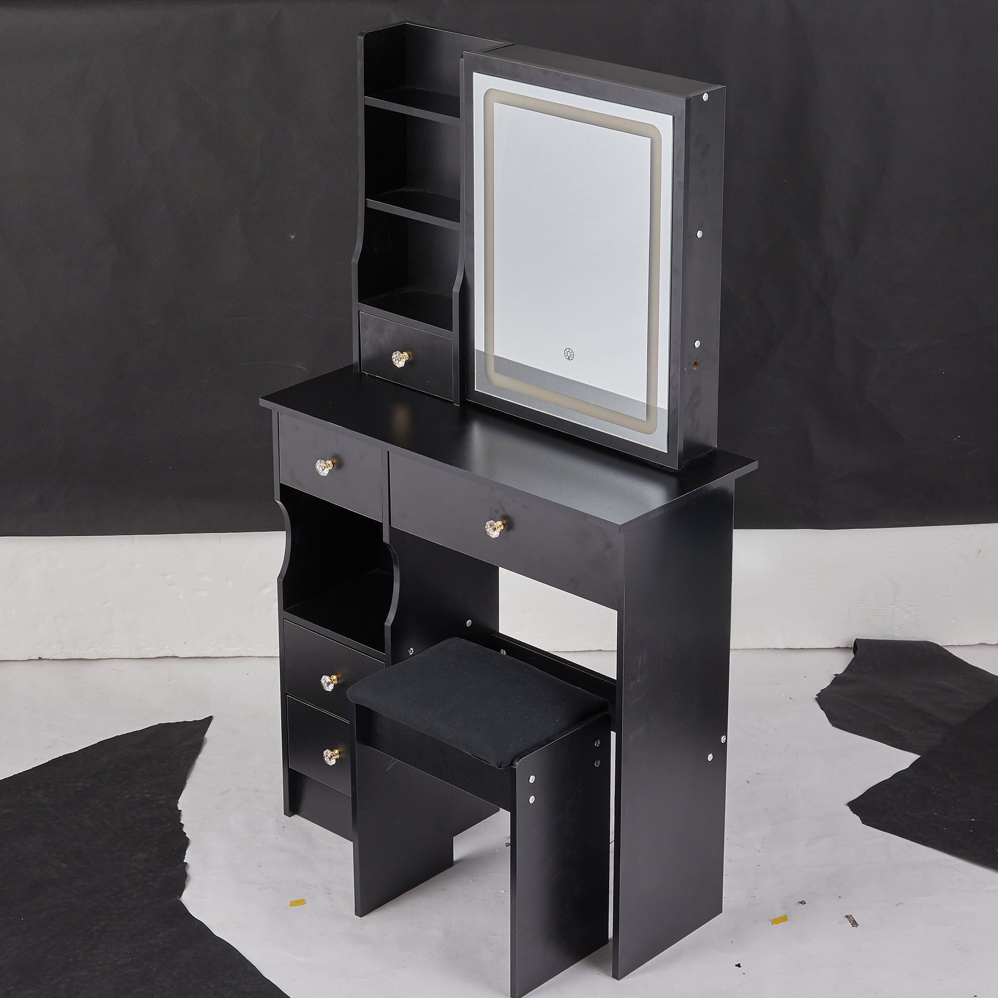 HAOYYE Compact Vanity Desk with Left Drawer, Cushioned Stool, Sliding Touch LED Mirror, Tri-Color Lighting, Adjustable Brightness, Multi-Layer Storage, EPA GCC UL Certified for Small Spaces