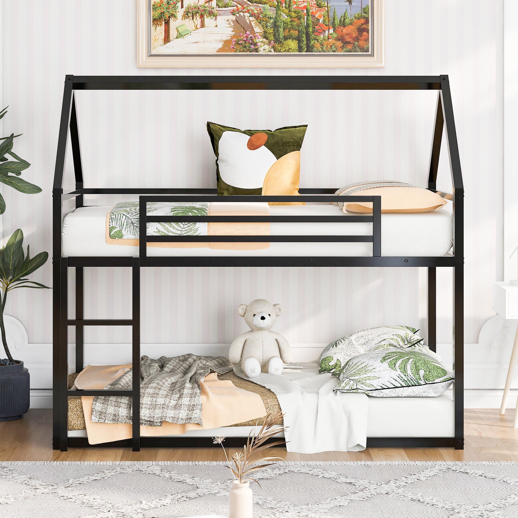 HAOYYE Twin over Twin House Bunk Bed with Built-in Ladder,Black Sturdy Space-Saving Heavy Duty Modern Design Adults Dorm Room Easy Assembly Bedroom Furniture