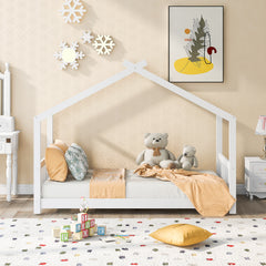 HAOYYE Twin Size House Platform Bed with Headboard and Footboard,Roof Design,White Sturdy Space-Saving Heavy Duty Modern Design Adults Dorm Room Easy Assembly Bedroom Furniture