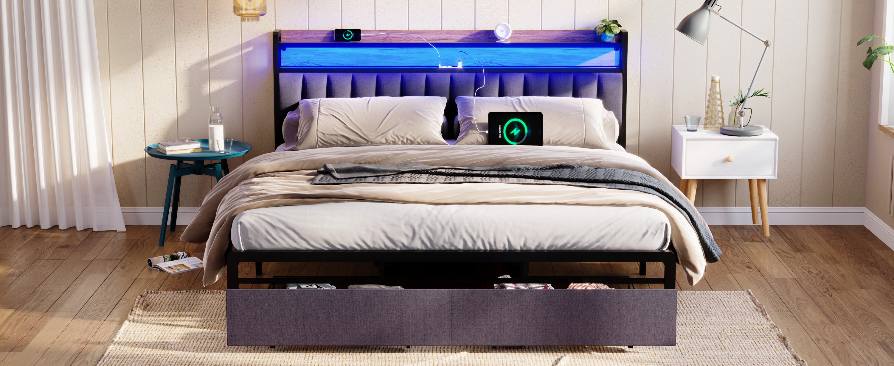 HAOYYE King Bed Frame with Storage Headboard, Drawers, LED Lighting, and Built-in Charging Station, Modern Upholstered Platform Design, Sturdy Space-Saving Grey Construction, No Box Spring Needed, Easy Assembly