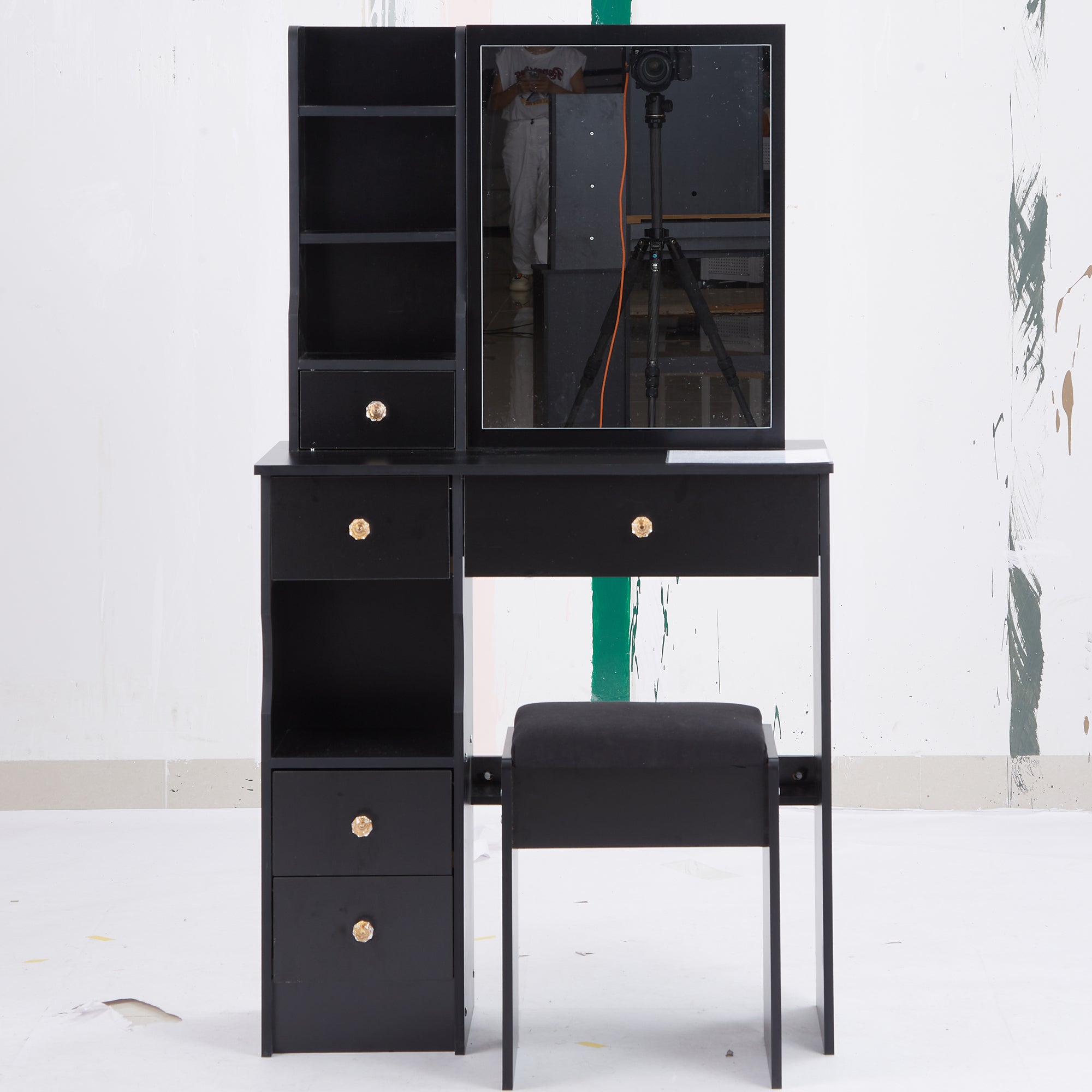 HAOYYE Small Size Left Drawer Desktop Vanity Table + Cushioned Stool, Extra Large Sliding Mirror, Multi Layer, High Capacity Storage Fashionable Dresser, Suitable for Small Space, EPA,GCC,UL Certificate