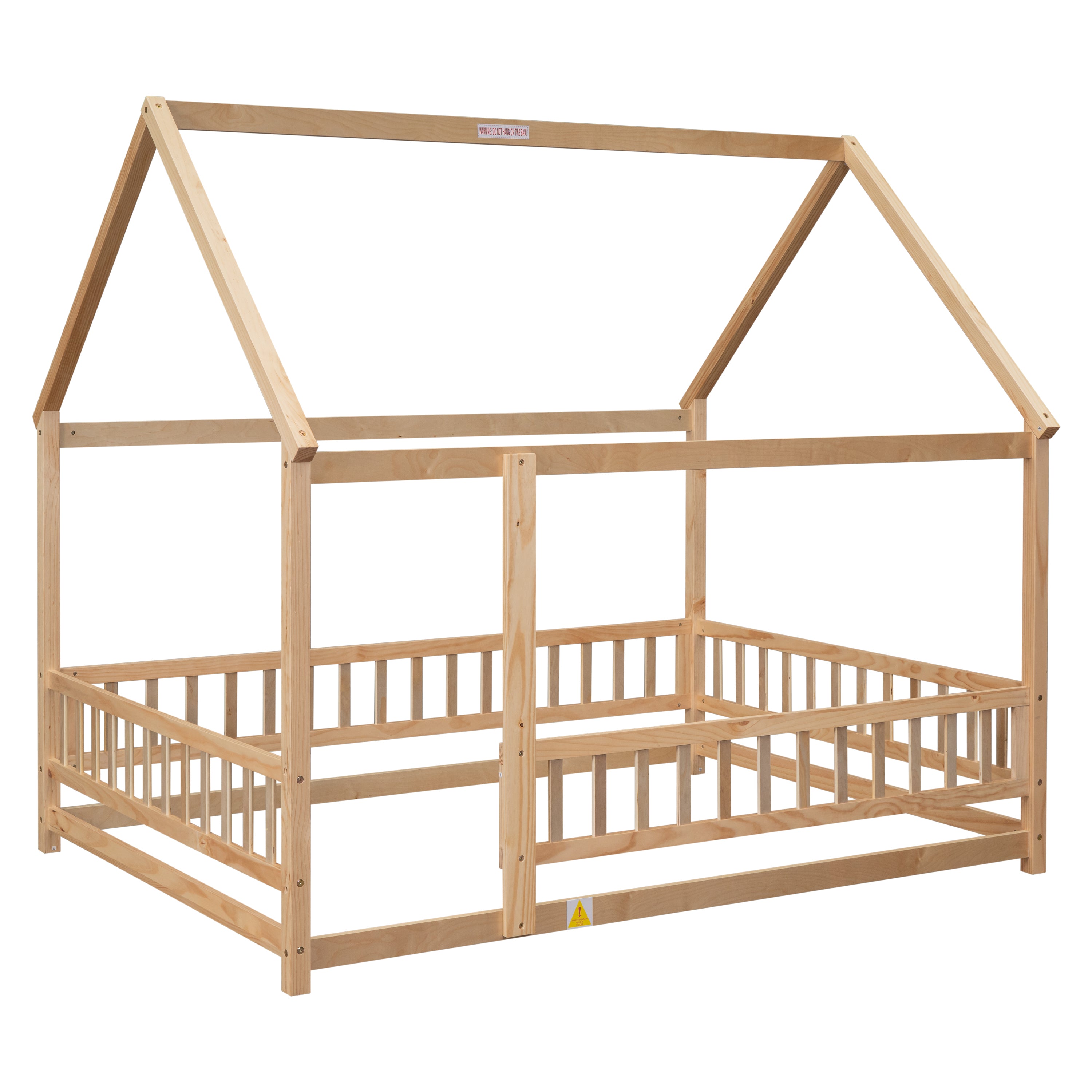 HAOYYE Full Size Floor Wooden Bed with House Roof Frame, Fence Guardrails ,Nartural Sturdy Space-Saving Heavy Duty Modern Design Adults Dorm Room Easy Assembly Bedroom Furniture