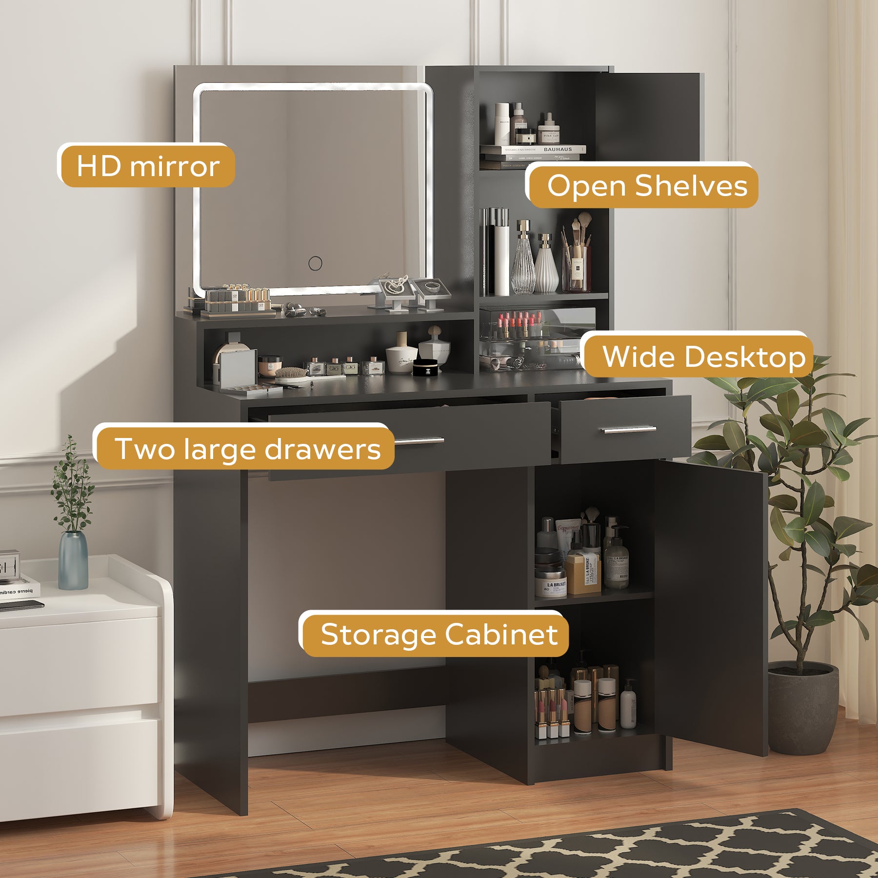 HAOYYE Vanity Desk with Mirror and LED Light Strip, Dressing Table with Large Drawer and Three-Level Storage, Black, Sturdy Space-Saving Design, Adjustable Brightness in Three Lighting Modes, Durable and Stylish Home Furniture