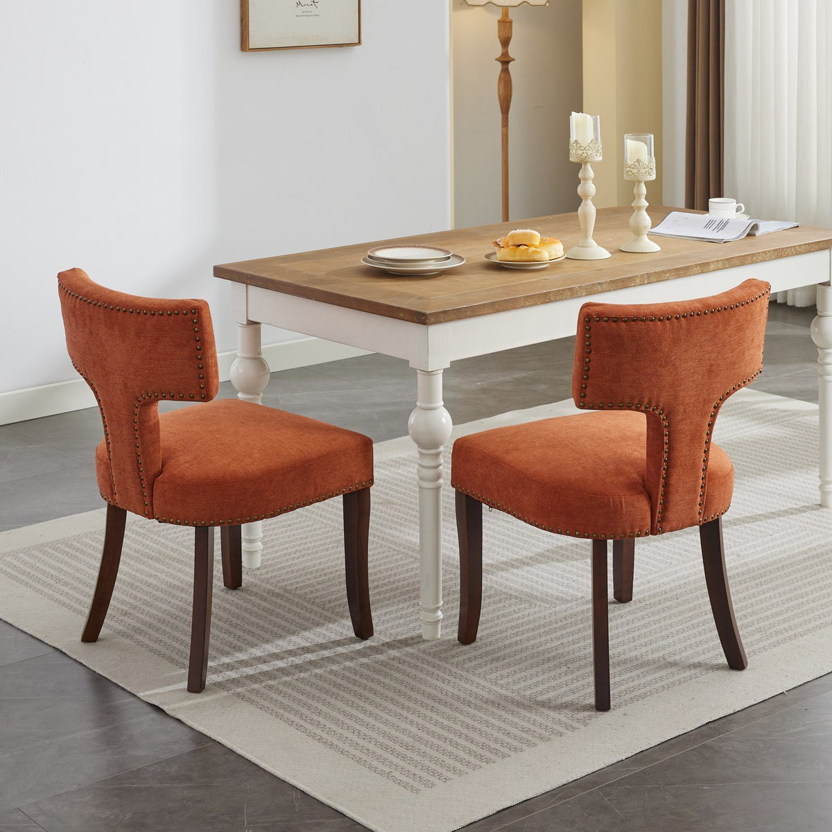 HAOYYE Mid Century Modern Dining Chairs Set of 2, Farmhouse Linen Fabric Upholstered Accent Chair Curved Backrest with Copper Nails around,Kitchen Chairs with Hardwood Frame, Orange Sturdy Space-Saving