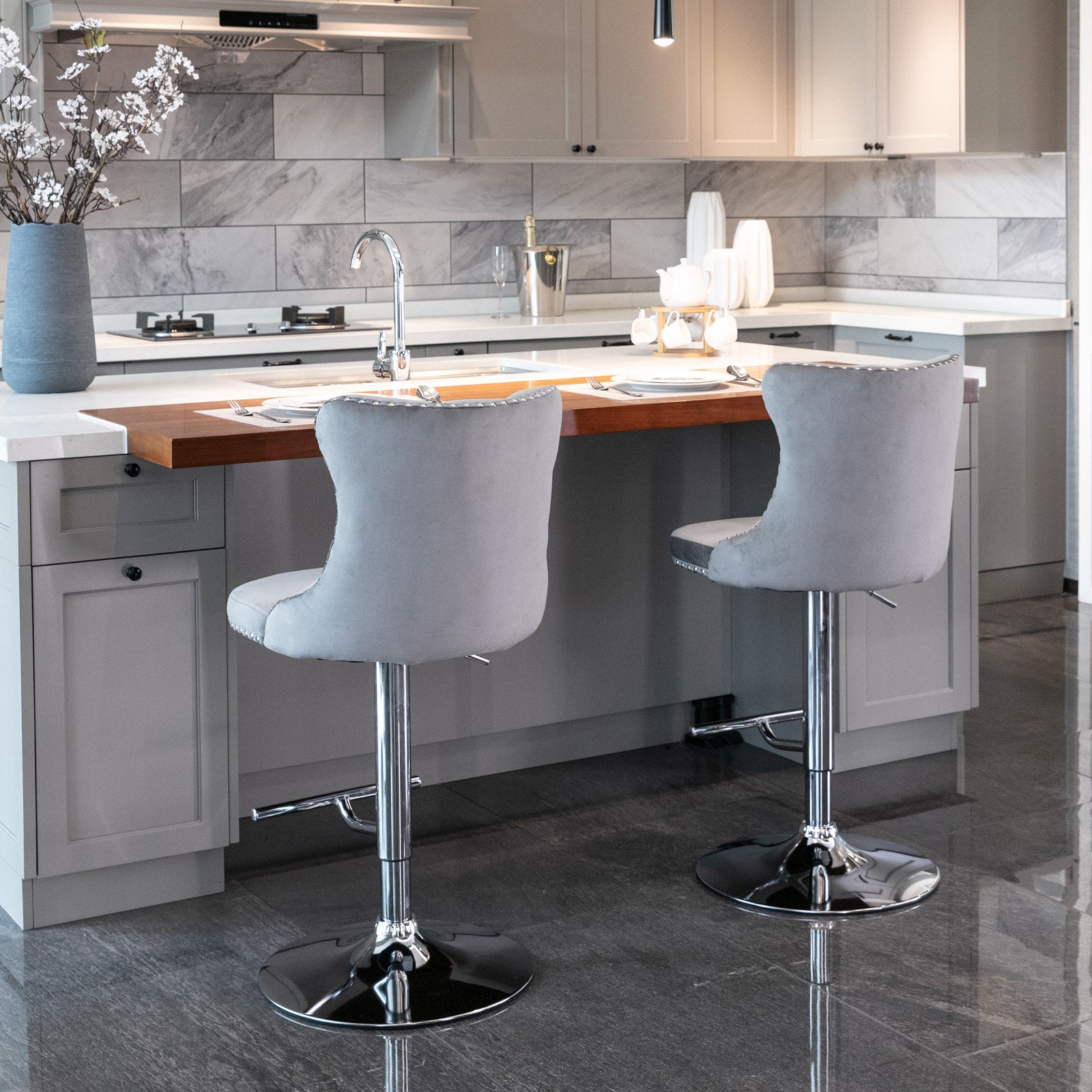 HAOYYE Adjustable Velvet Bar Stools with Tufted Backs, Swivel Seat Height Ranging from 25 to 33 Inches, Modern Upholstered Design with Chrome Base, Comfortable and Stylish Barstools for Kitchen Island or Home Pub