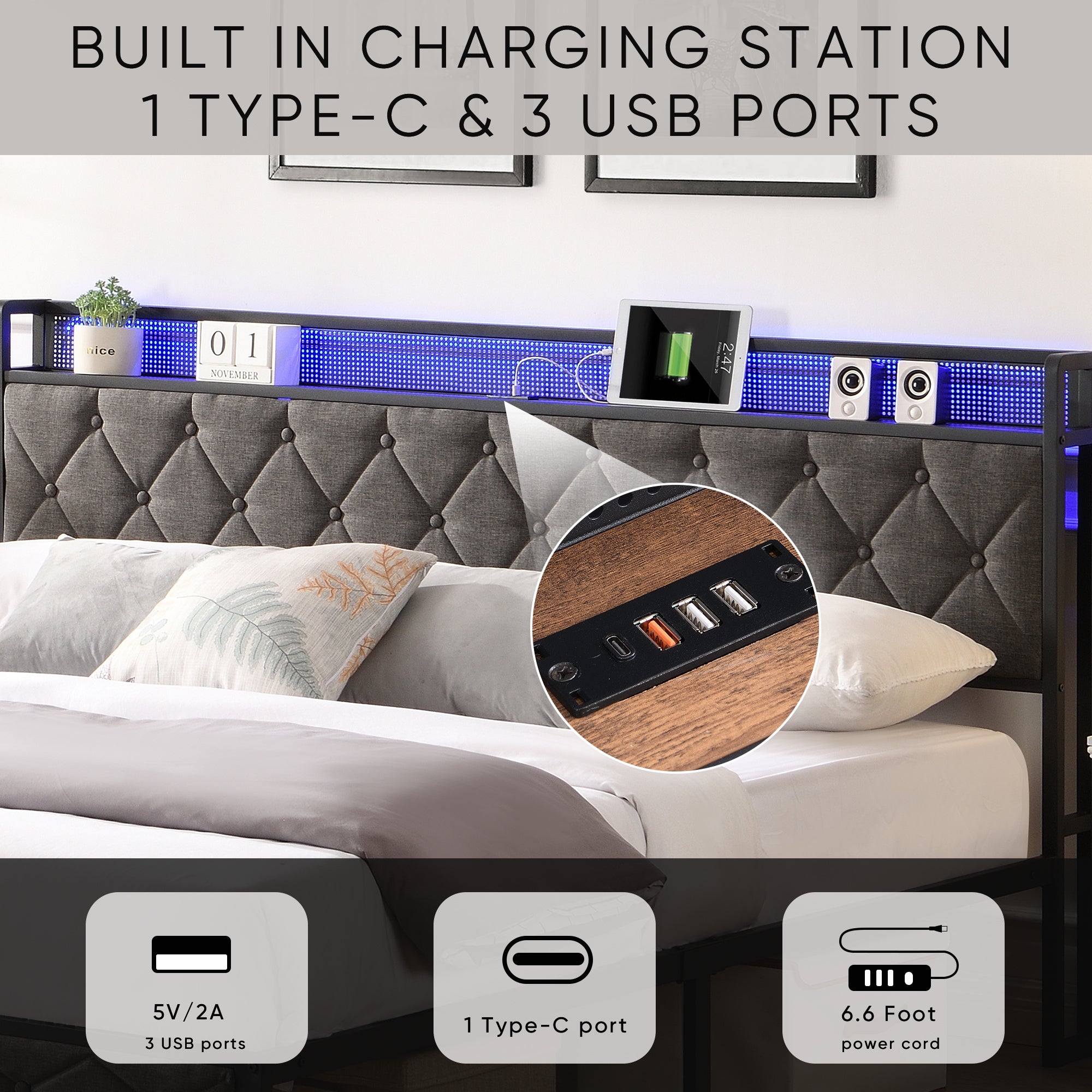 HAOYYE King Bed Frame with Storage Headboard, Charging Station and LED Lights, Upholstered Platform Bed with Heavy Metal Slats, No Box Spring Needed, Noise Free, Easy Assembly, Dark Gray Sturdy Space-Saving