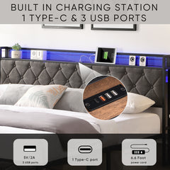 HAOYYE King Bed Frame with Storage Headboard, Charging Station and LED Lights, Upholstered Platform Bed with Heavy Metal Slats, No Box Spring Needed, Noise Free, Easy Assembly, Dark Gray Sturdy Space-Saving